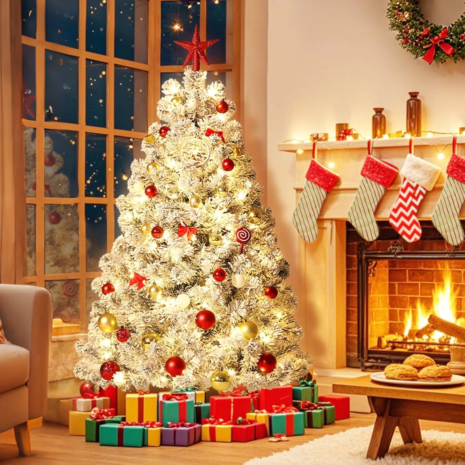 Front. Qeetex - 6Ft Snow Flocked Christmas Tree, PVC Artificial Xmas Tree with 710 Branch Tips & 250 Warm White Lights - White.