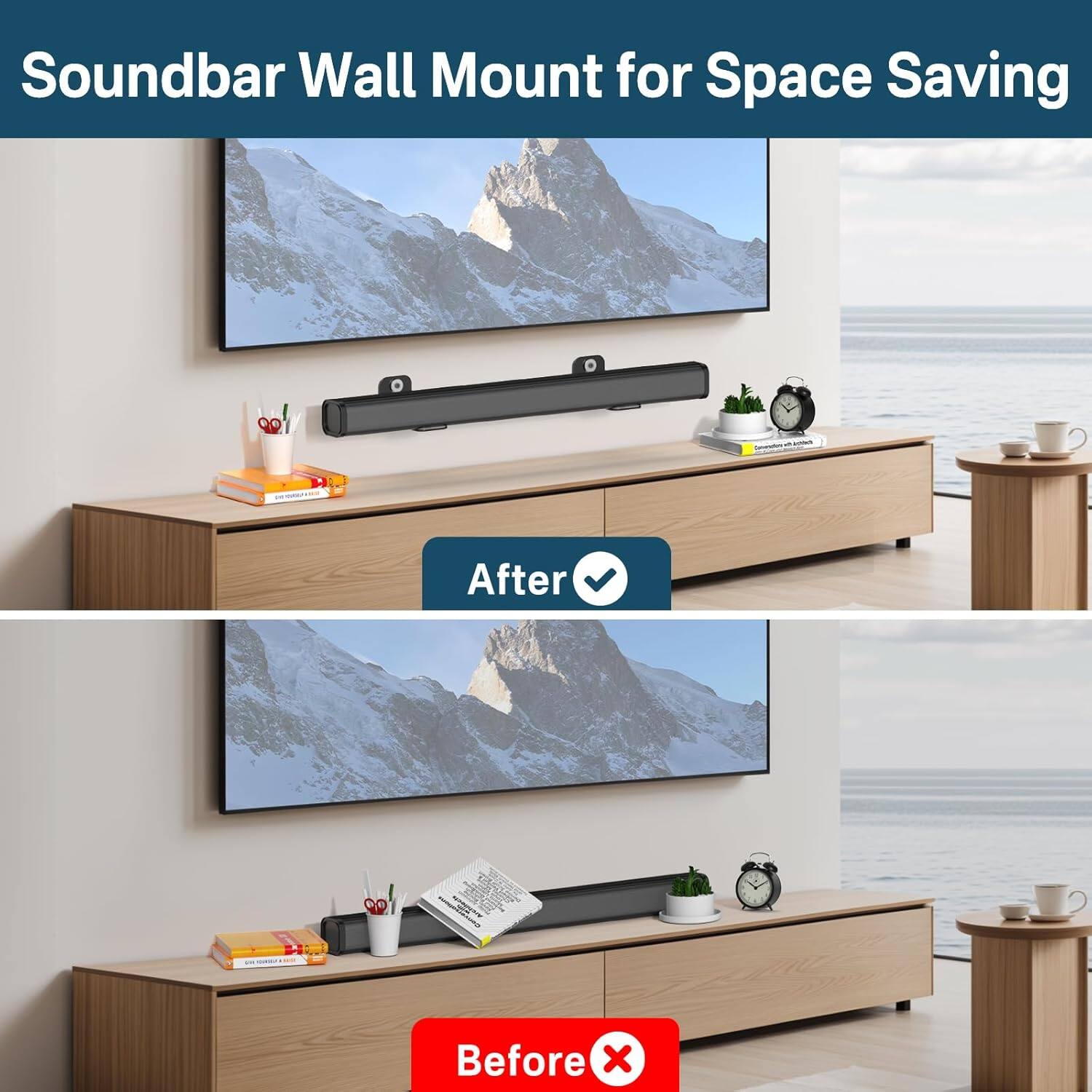 Soundbar Wall Mount for Space Saving

After ✓

Before ✗