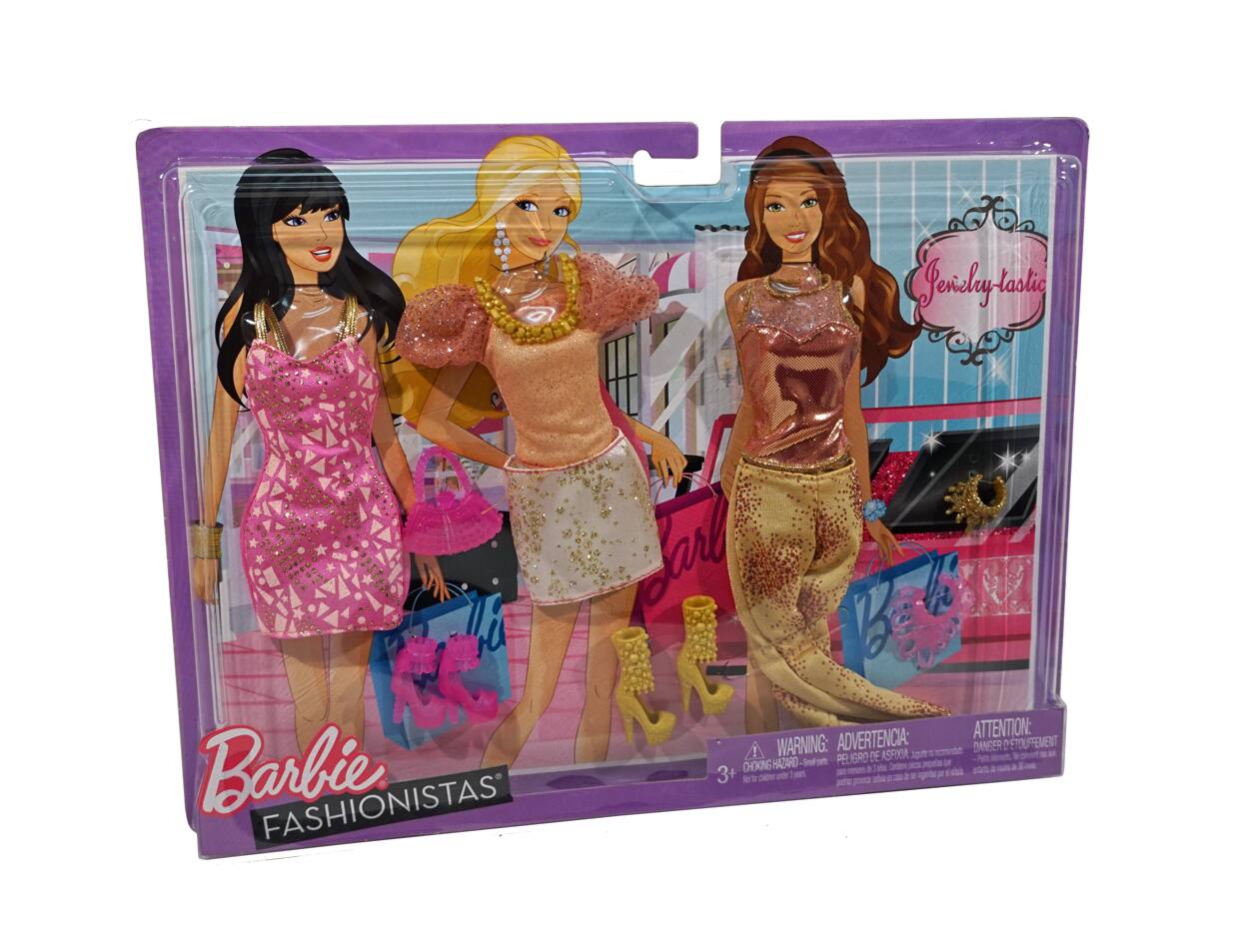 Sure, here is the corrected and grouped text from the image:

---

**Barbie FASHIONISTAS**

**WARNING: CHOKING HAZARD - Small parts. Not for children under 3 years.**

**ADVERTENCIA: PELIGRO DE ASFIXIA. No es adecuado para niños menores de 3 años.**

**ATTENTION: DANGER DE SOUFFLENEMENT. Ne convient pas aux enfants de moins de 3 ans.**

**Perky-tastic**

**3+**

**STAS**

---