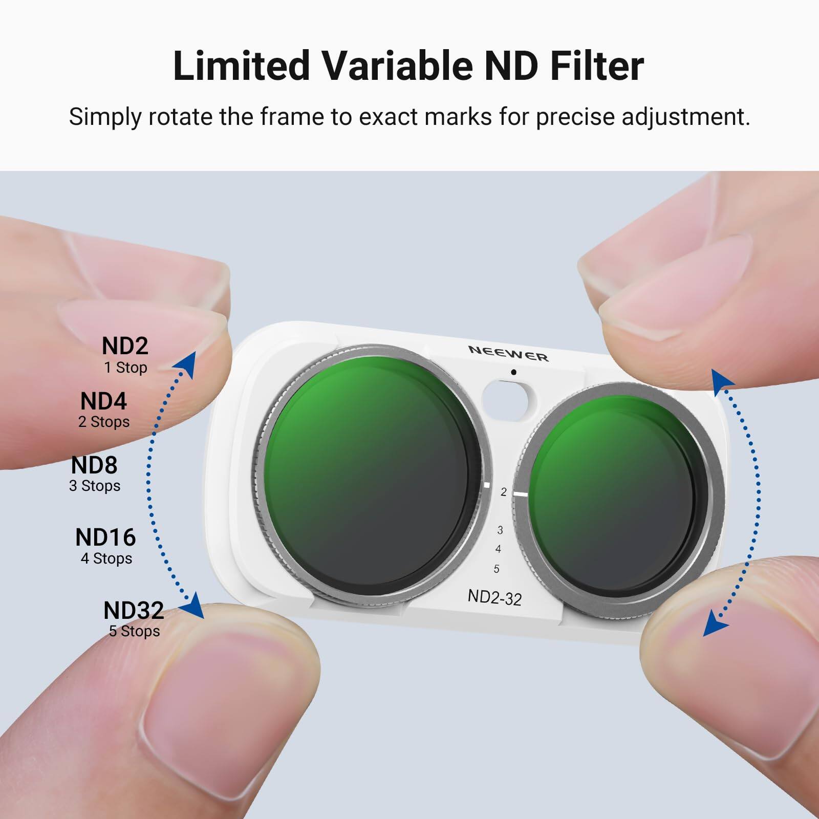 Limited Variable ND Filter  
Simply rotate the frame to exact marks for precise adjustment.  

ND2 1 Stop  
ND4 2 Stops  
ND8 3 Stops  
ND16 4 Stops  
ND32 5 Stops  

NEEWER  
ND2-32