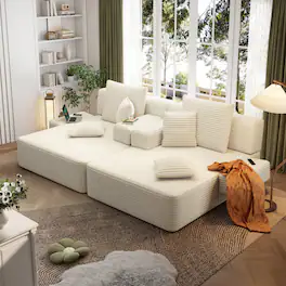 Anysun - Multi-Functional Frameless Convertible Plush Corduroy Chaise Lounge Sofa Bed with Storage Pockets, 6 Soft Pillows - Beige White