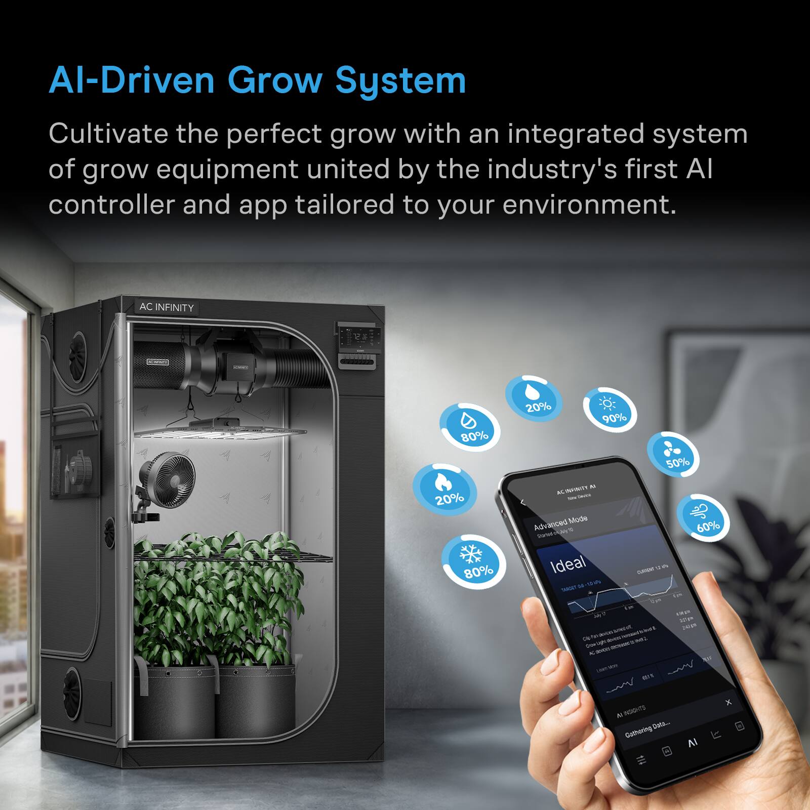 AI-Driven Grow System  
Cultivate the perfect grow with an integrated system of grow equipment united by the industry's first AI controller and app tailored to your environment.

AC INFINITY

80% 20% 80%  
20% 90% 50%  
60% Ideal  
CURRENT: 06-12-40  
My 11 43668 30pm  
amerat de 242  
Cla  
POTANT Avess 881  
Quel connessed K ames or CAPP ars  
www. me X  
INSIGHTS Data...  
Cathoring IV
