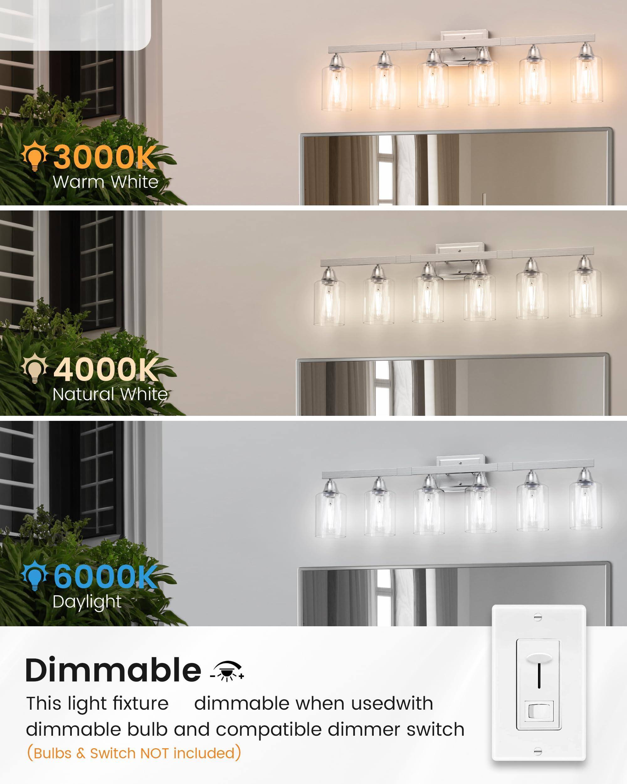 3000K Warm White  
4000K Natural White  
6000K Daylight  

Dimmable  
This light fixture is dimmable when used with dimmable bulb and compatible dimmer switch (Bulbs & Switch NOT included)