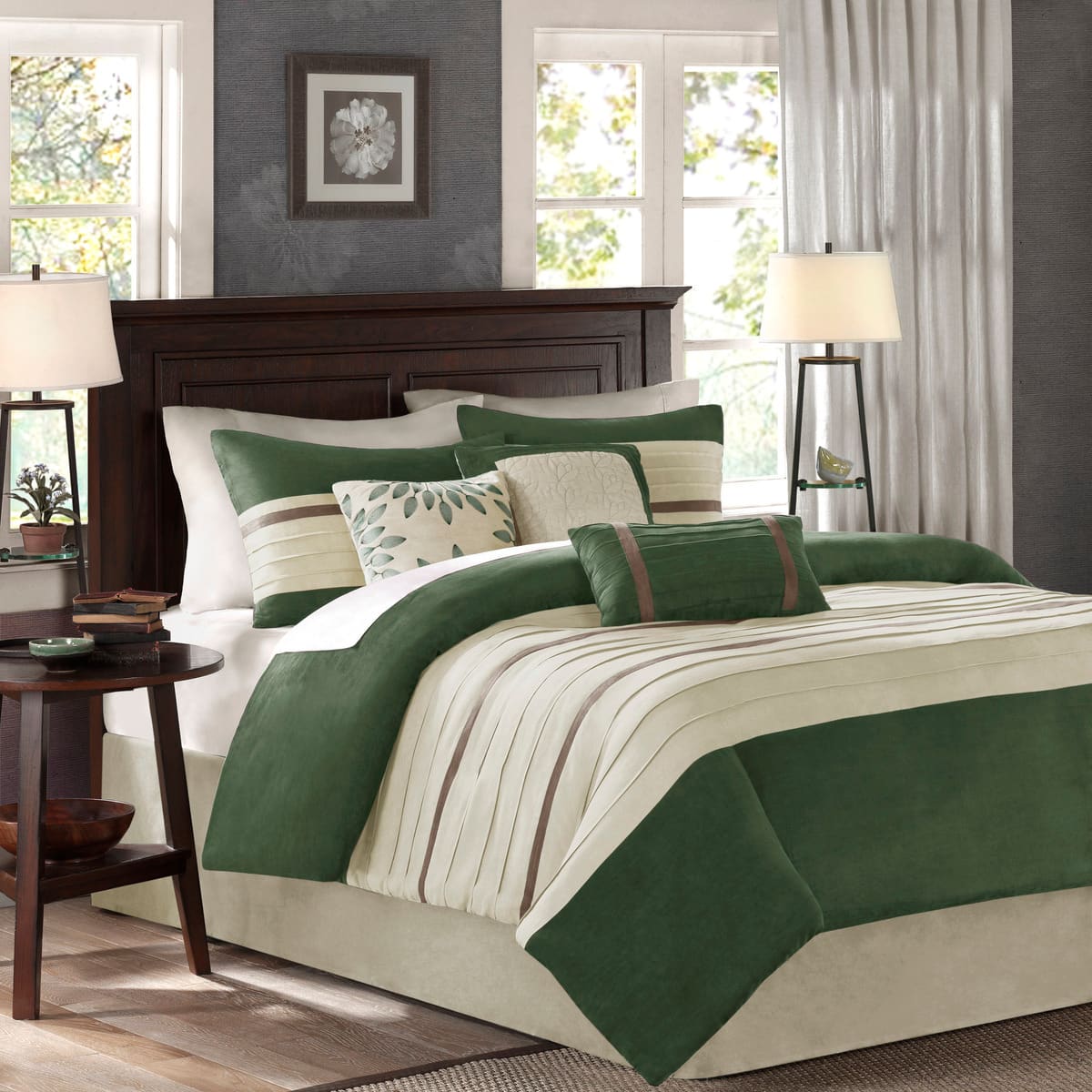 TinyHomie - 7 PC Pieced Faux Suede Comforter Set King - Green
