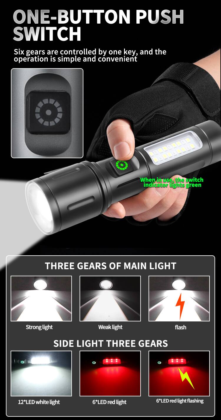 ONE-BUTTON PUSH SWITCH  
Six gears are controlled by one key, and the operation is simple and convenient. When in use, the switch indicator lights green.

THREE GEARS OF MAIN LIGHT  
- Strong light  
- Weak light  
- Flash  

SIDE LIGHT THREE GEARS  
- 12*LED white light  
- 6*LED red light  
- 6*LED red light flashing