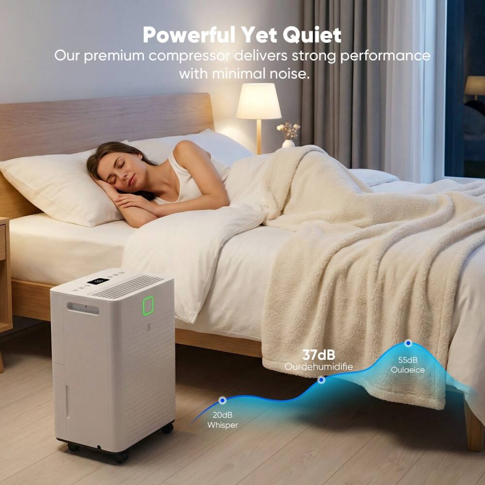 Powerful Yet Quiet  
Our premium compressor delivers strong performance with minimal noise.  
37dB Ourdehumidifie  
55dB Oulaeice  
20dB Whisper