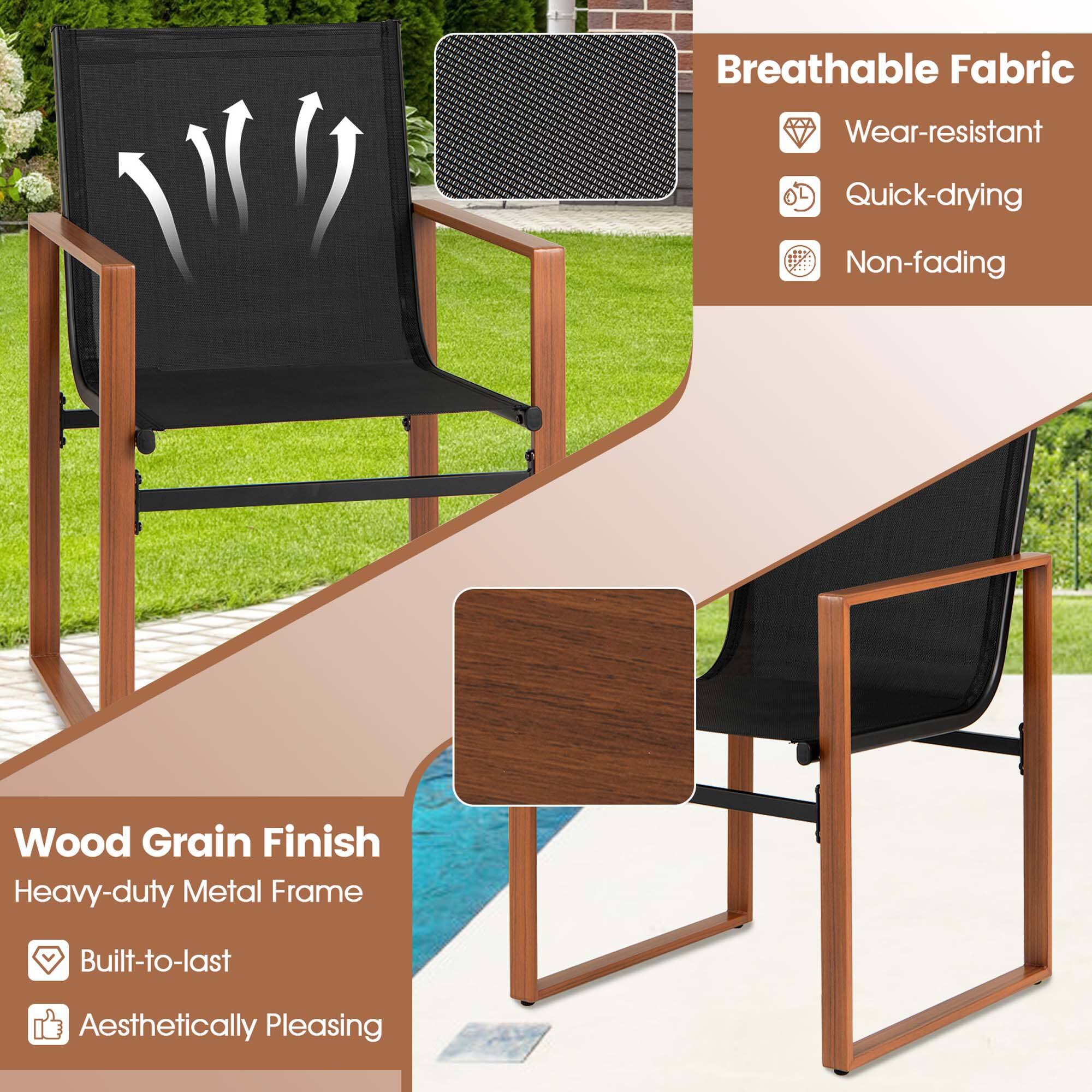 Breathable Fabric  
- Wear-resistant  
- Quick-drying  
- Non-fading  

Wood Grain Finish  
Heavy-duty Metal Frame  
- Built-to-last  
- Aesthetically Pleasing