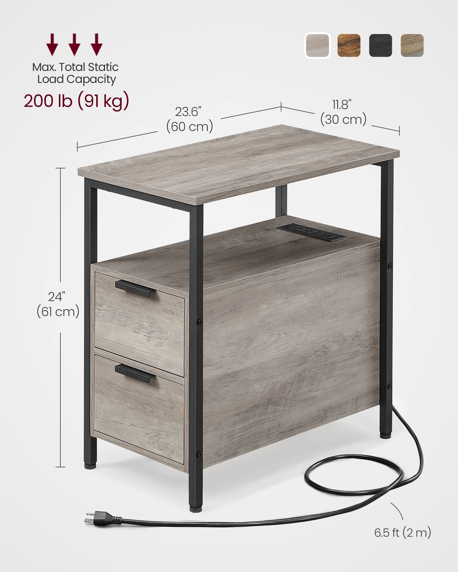 Max. Total Static Load Capacity: 200 lb (91 kg)

- Width: 23.6" (60 cm)
- Depth: 11.8" (30 cm)
- Height: 24" (61 cm)
- Cord Length: 6.5 ft (2 m)