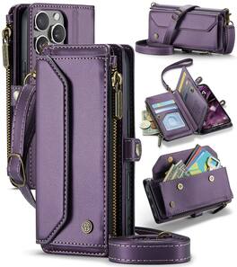 Dteck - Crossbody Wallet Case for Apple iPhone 16 Pro with Card Slots and Zipper Pocket, RFID Blocking PU Leather Cover - Purple