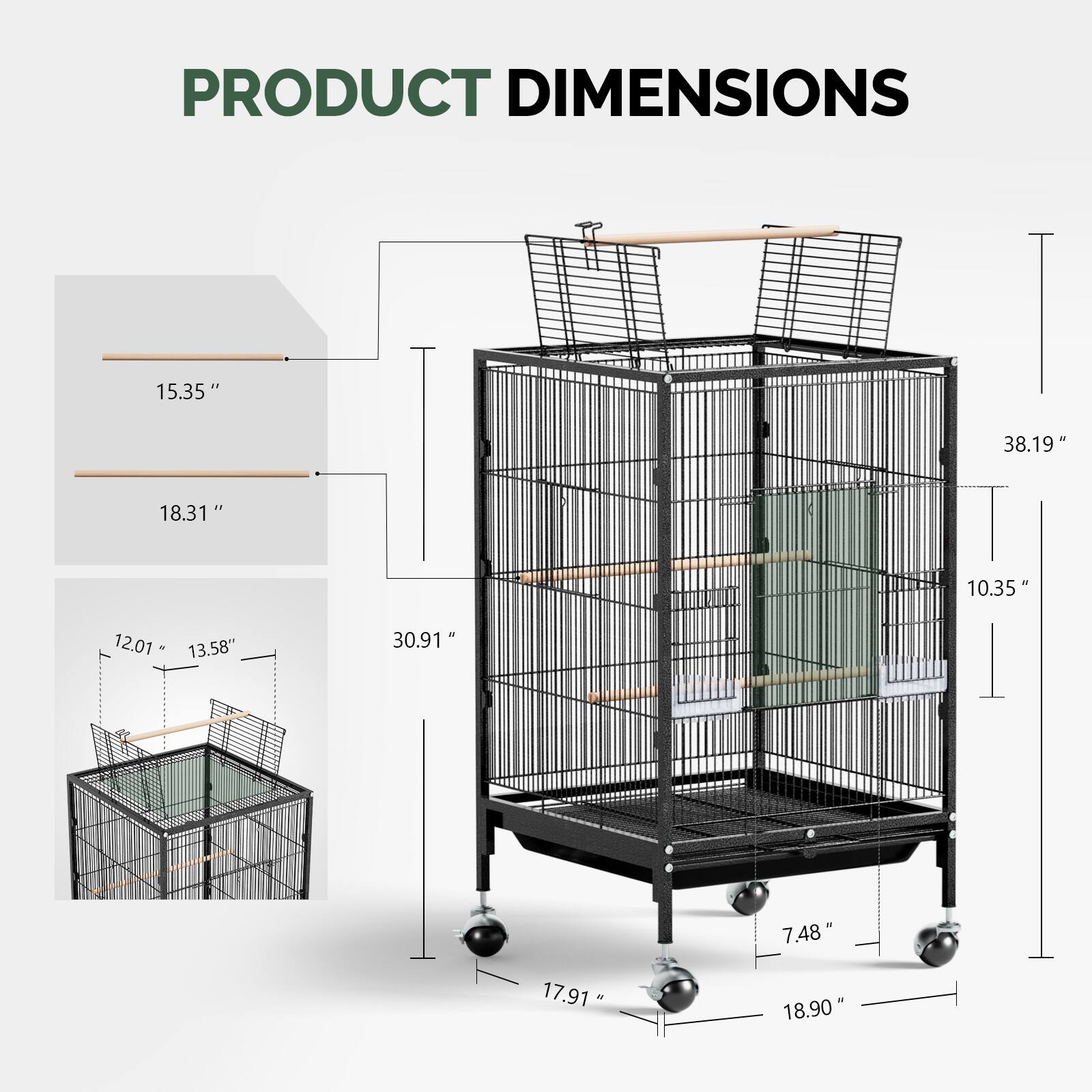 PRODUCT DIMENSIONS  
15.35" x 38.19" x 18.31"  
10.35" x 12.01" - 13.58" x 30.91"  
7.48" x 17.91" x 18.90"
