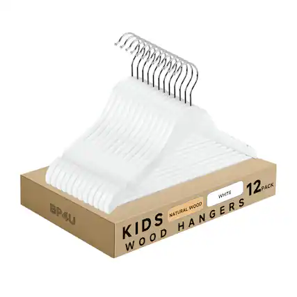 BP4U WHITE 12 PACK KIDS WOOD HANGERS NATURAL WOOD