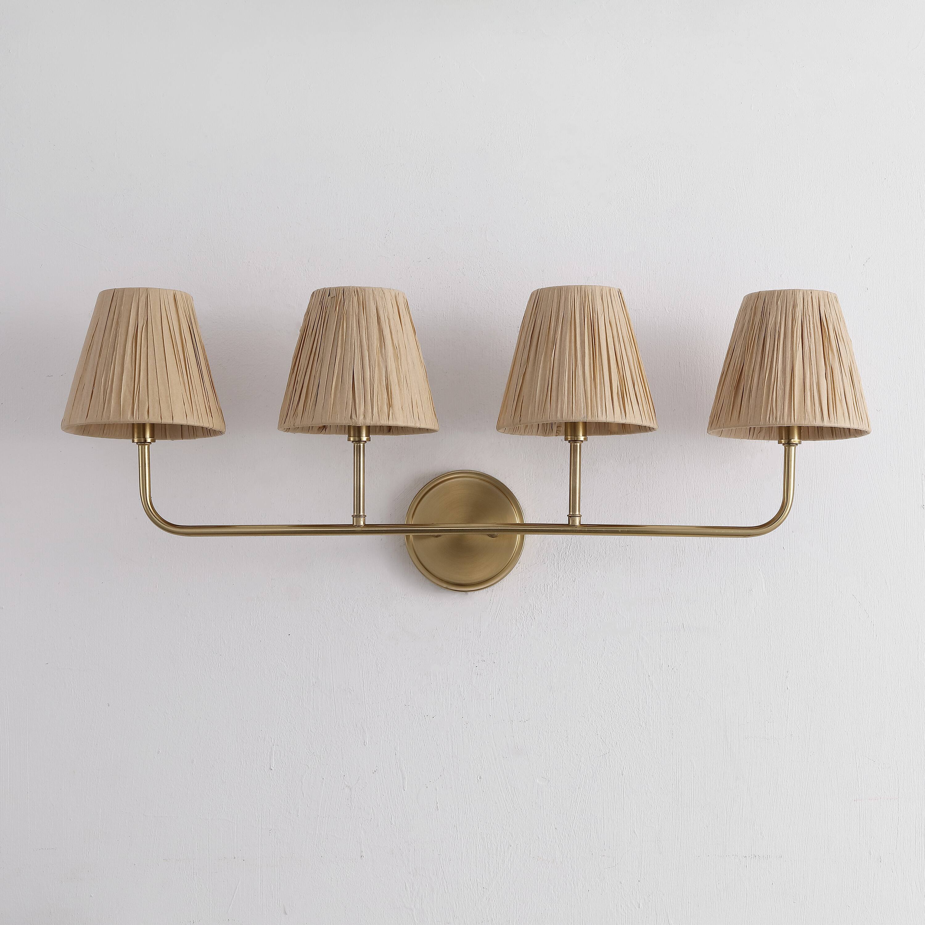 Alt View 5. Jonathan Y - Malaya 31.5" 4-Light Bohemian Coastal Metal Pleated Paper Shade LED Vanity Light, Beige/Brass Gold - Brass Gold/Beige.