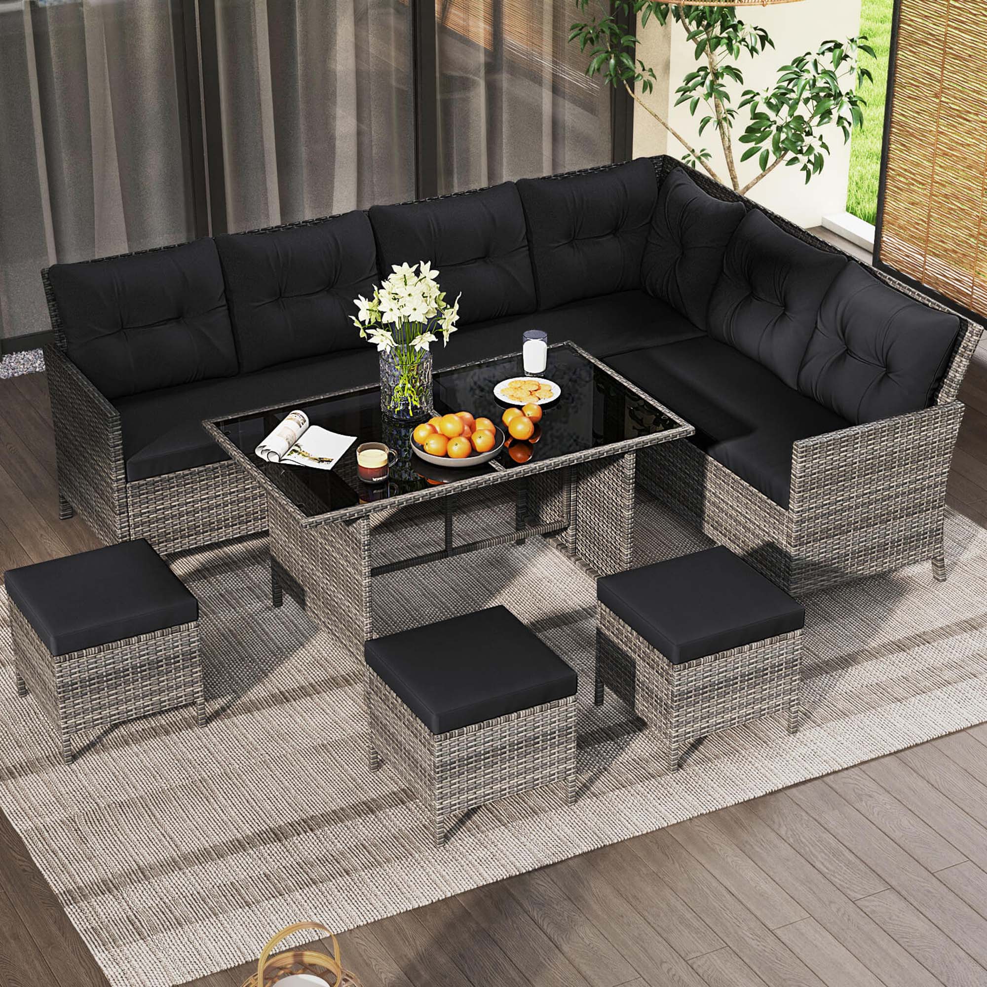 Alt View 1. Costway - 7 PCS Patio Dining Furniture Set PE Rattan Sectional Sofa Set with Soft Cushions - Black,Mix Gray.