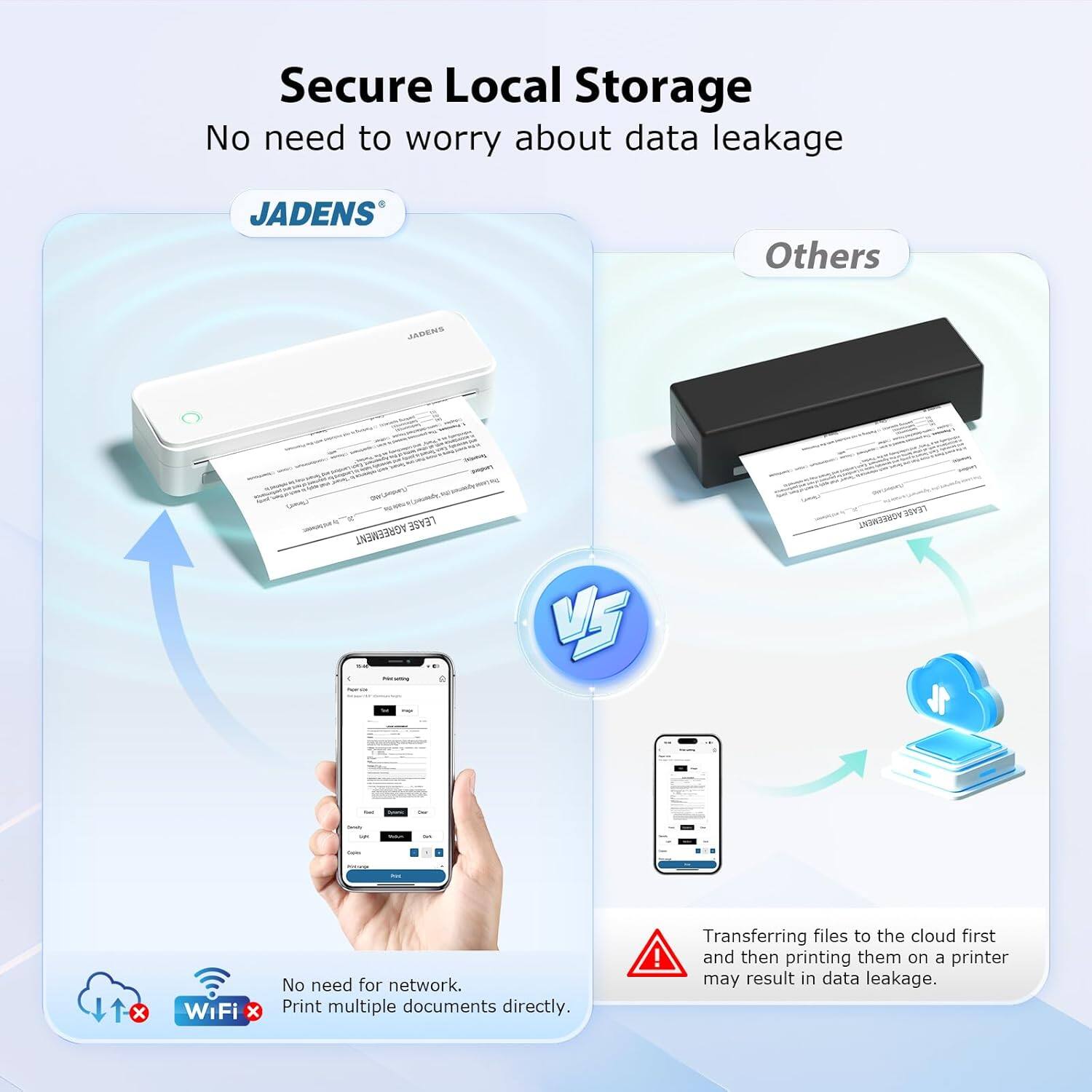 Secure Local Storage  
No need to worry about data leakage

JADENS  
No need for network. Print multiple documents directly.

Others  
Transferring files to the cloud first and then printing them on a printer may result in data leakage.