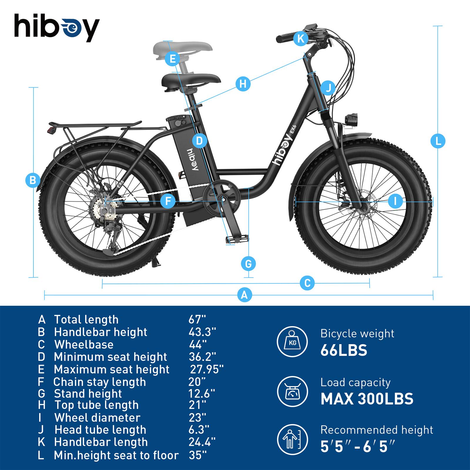 The text on the image is already grouped and correctly labeled. It provides specifications for the Hiboy EX6 electric bike, including total length, handlebar height, wheelbase, minimum seat height, maximum seat height, chain stay length, stand height, top tube length, wheel diameter, head tube length, handlebar length, minimum height seat to floor, and bicycle weight. Additionally, it indicates the load capacity and recommended height for the bike.