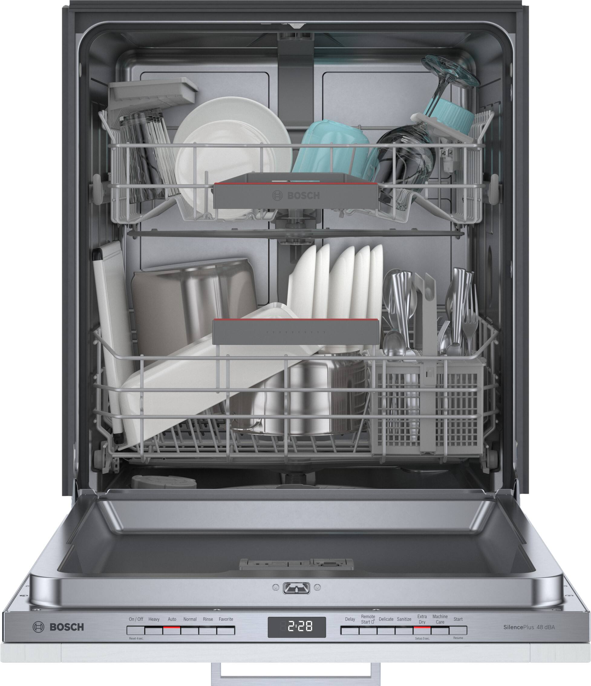 BOSCH  
BOSCH  
On/Off Heavy Auto Normal Rinse Favorite  
2:28  
Delay Remo Delicates Sanitize Extra Machine Start  
SilencePlus 48 dBA