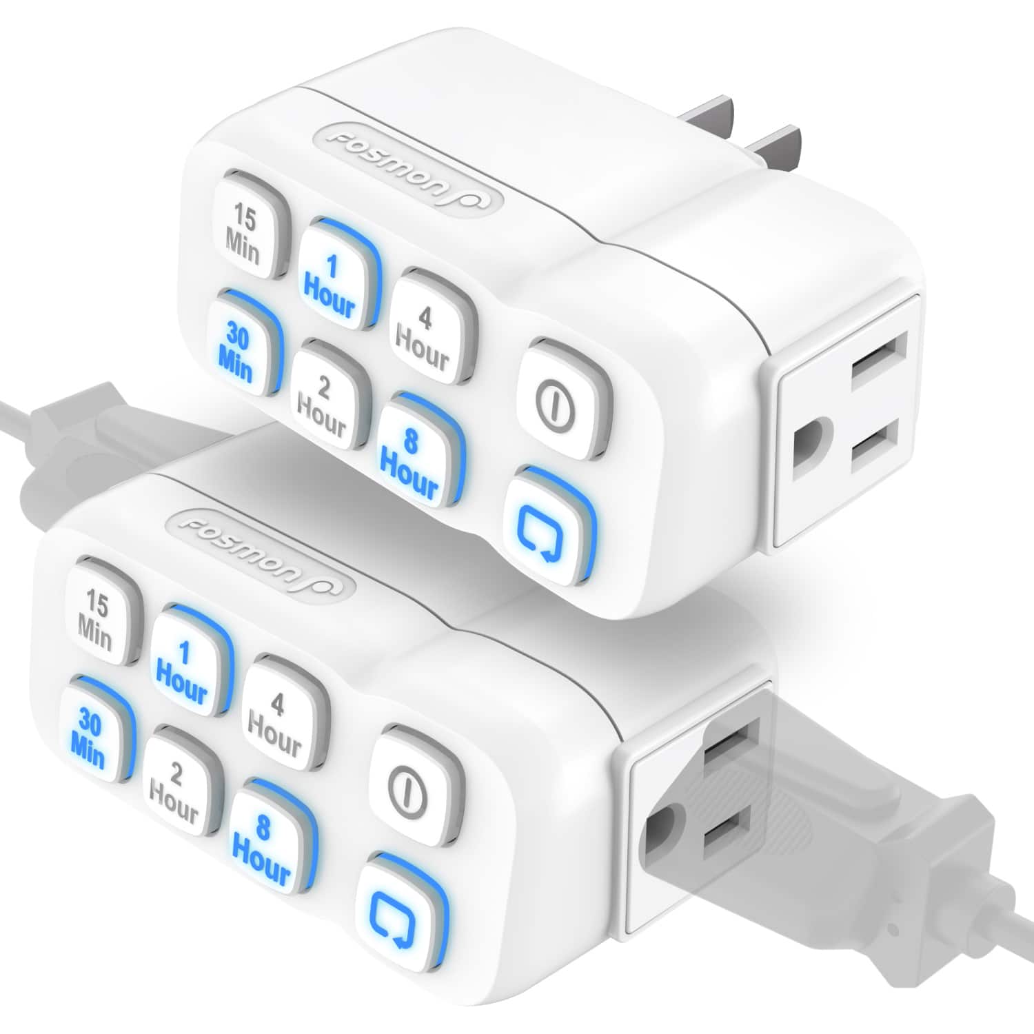 Fosmon - 2 Pack Countdown Plug-in Timer Outlet, ETL Listed Timer for Electrical Outlets Indoor, Grounded, 3-Prong - White