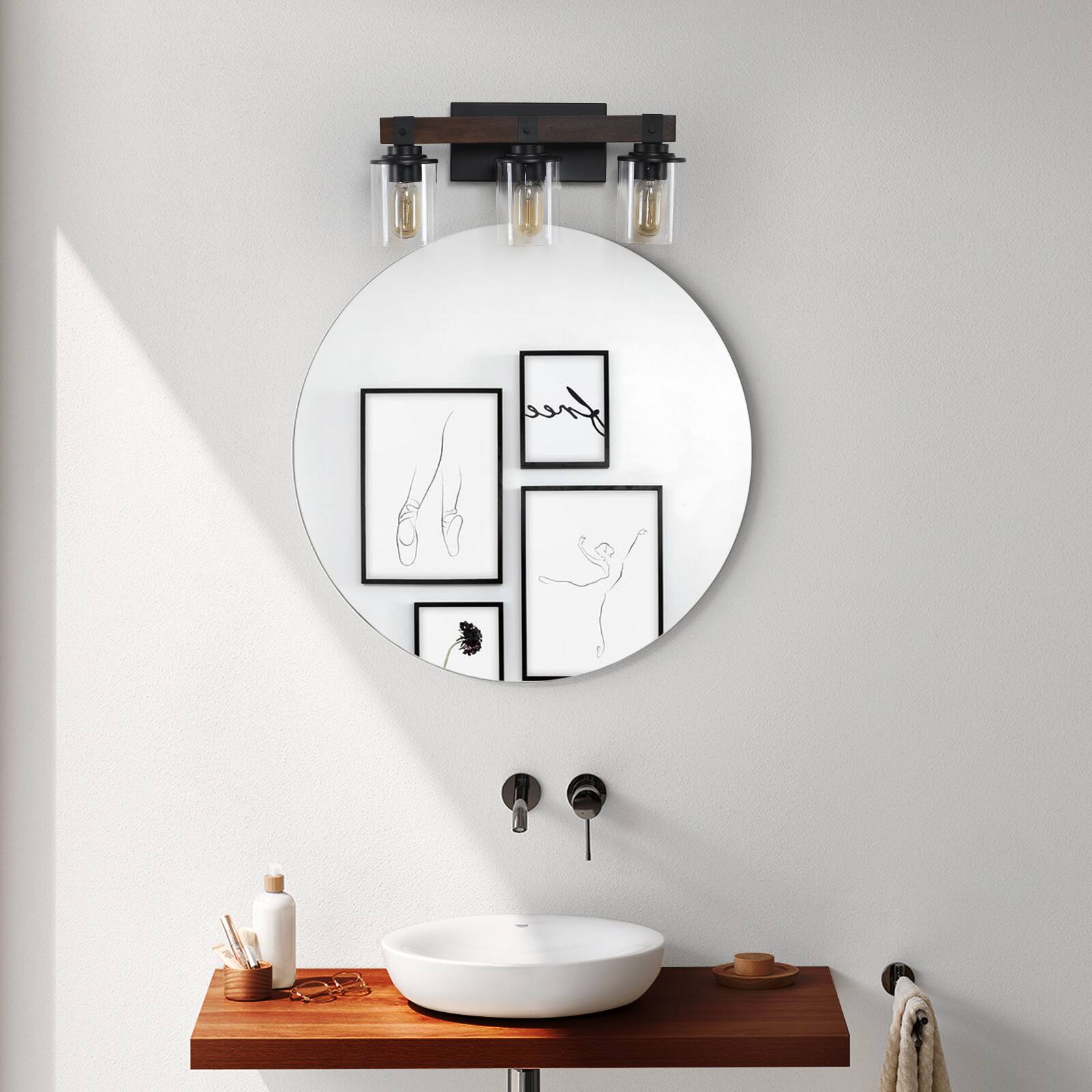 Alt View 1. APRILSOUL - 19 Inch Rustic 3-Light Vanity Light Industrial Bathroom Wall Sconce with Glass Shades and Wood Accent No Bulbs.