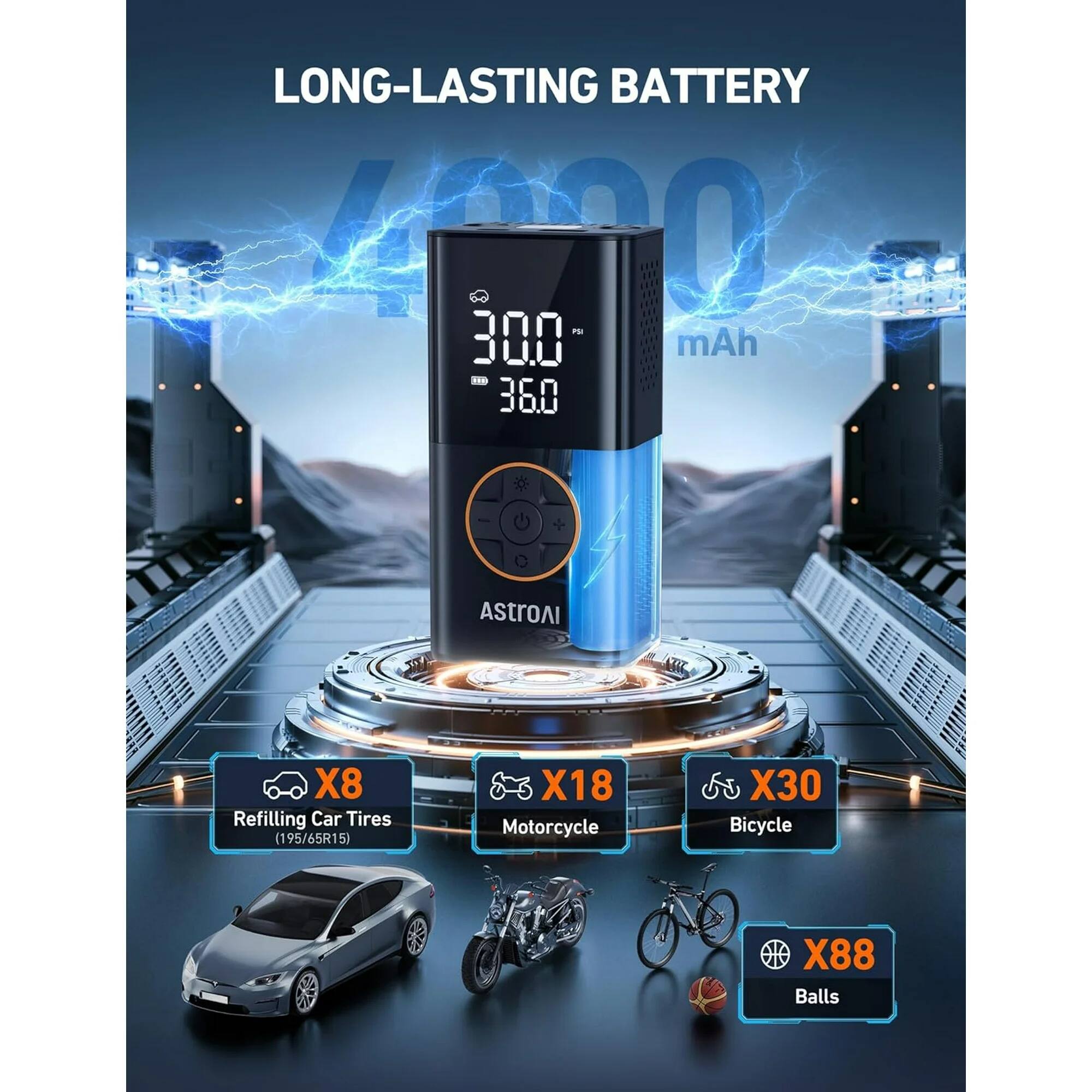 LONG-LASTING BATTERY 4100 mAh 360 AStroAI X8 Refilling Car Tires (195/65R15) X18 Motorcycle X30 Bicycle X88 Balls