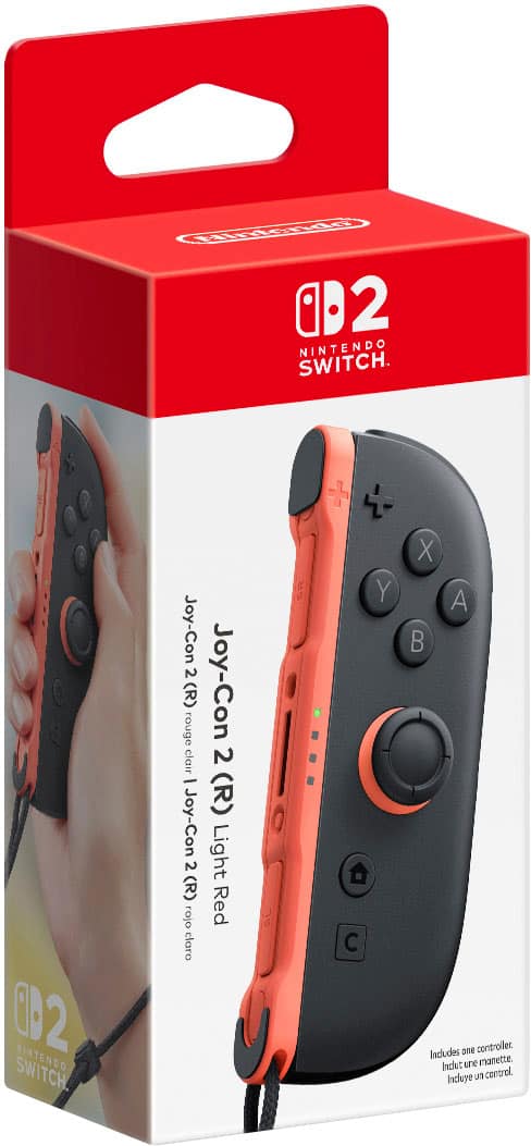 The text on the image reads: "NINTENDO SWITCH Joy-Con 2 rouge (R) Joy-Con clair 2 - (R) Joy-Con Light 2 (R) rojo Red claro + - Y C X A Incudes one controller. Indet ure manette. Incuye U9 control."