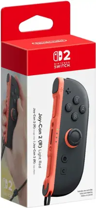 The text on the image reads: "NINTENDO SWITCH Joy-Con 2 rouge (R) Joy-Con clair 2 - (R) Joy-Con Light 2 (R) rojo Red claro + - Y C X A Incudes one controller. Indet ure manette. Incuye U9 control."