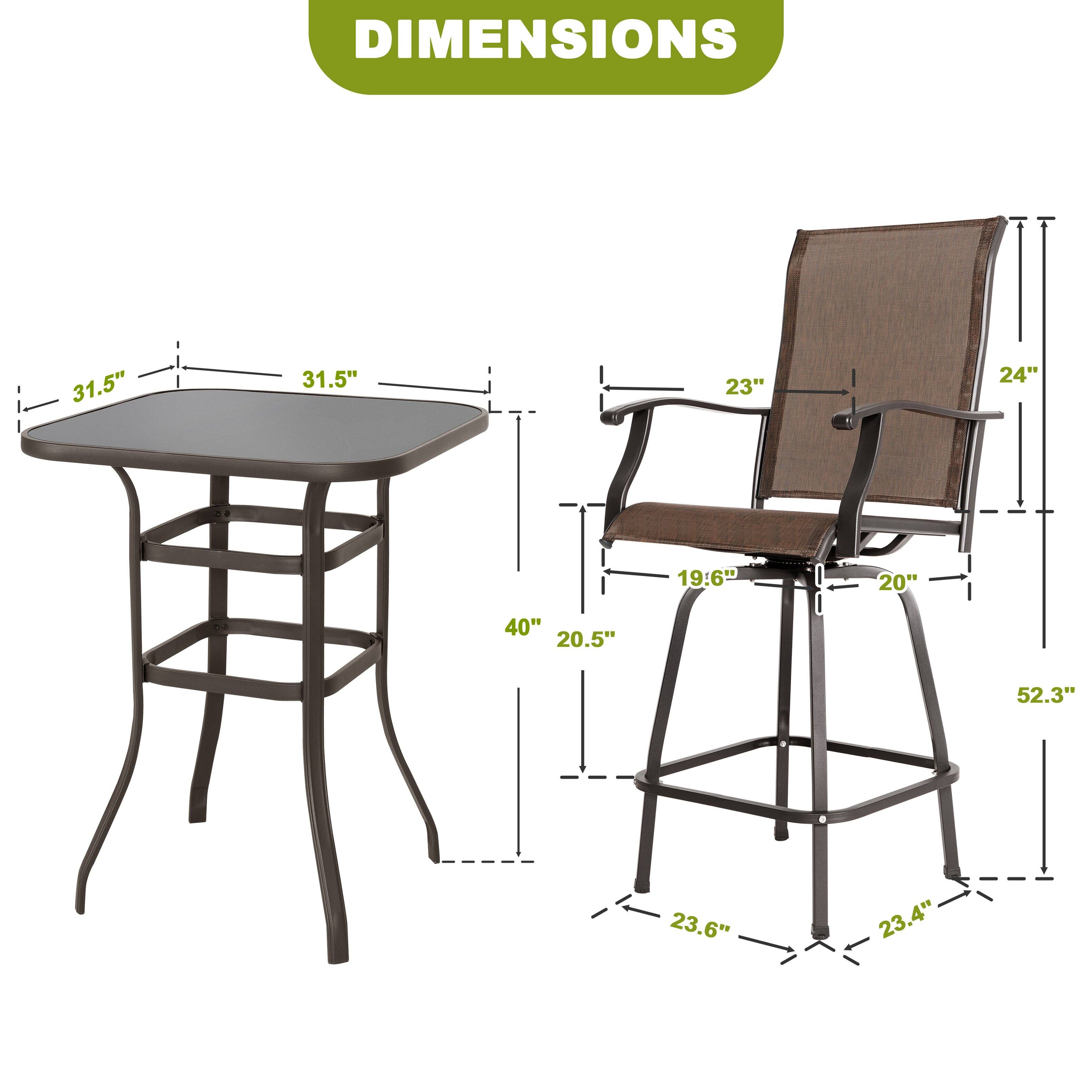 DIMENSIONS  
31.5" x 31.5" (table top)  
23" (chair width)  
24" (chair height)  
40" (table height)  
20.5" (table leg width)  
19.6" (seat depth)  
20" (seat width)  
52.3" (chair height)  
23.6" (chair base width)  
23.4" (chair base depth)