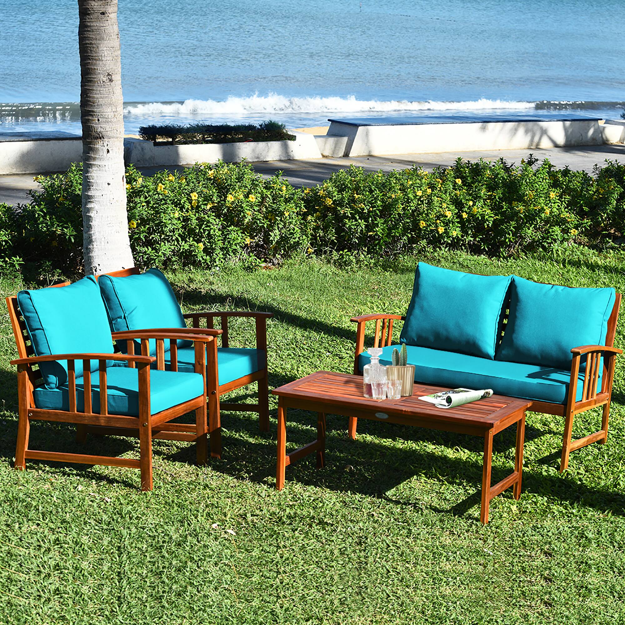 Alt View 7. Costway - Costway 4PCS Wooden Patio Furniture Set Table Sofa Chair Cushioned Garden - Teak,Turquoise.