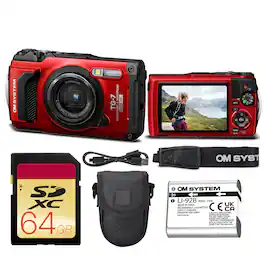 Bundle - OM System - Tough TG-7 Digital Camera (Red) (V110030RU000) + 64GB Card + Case
