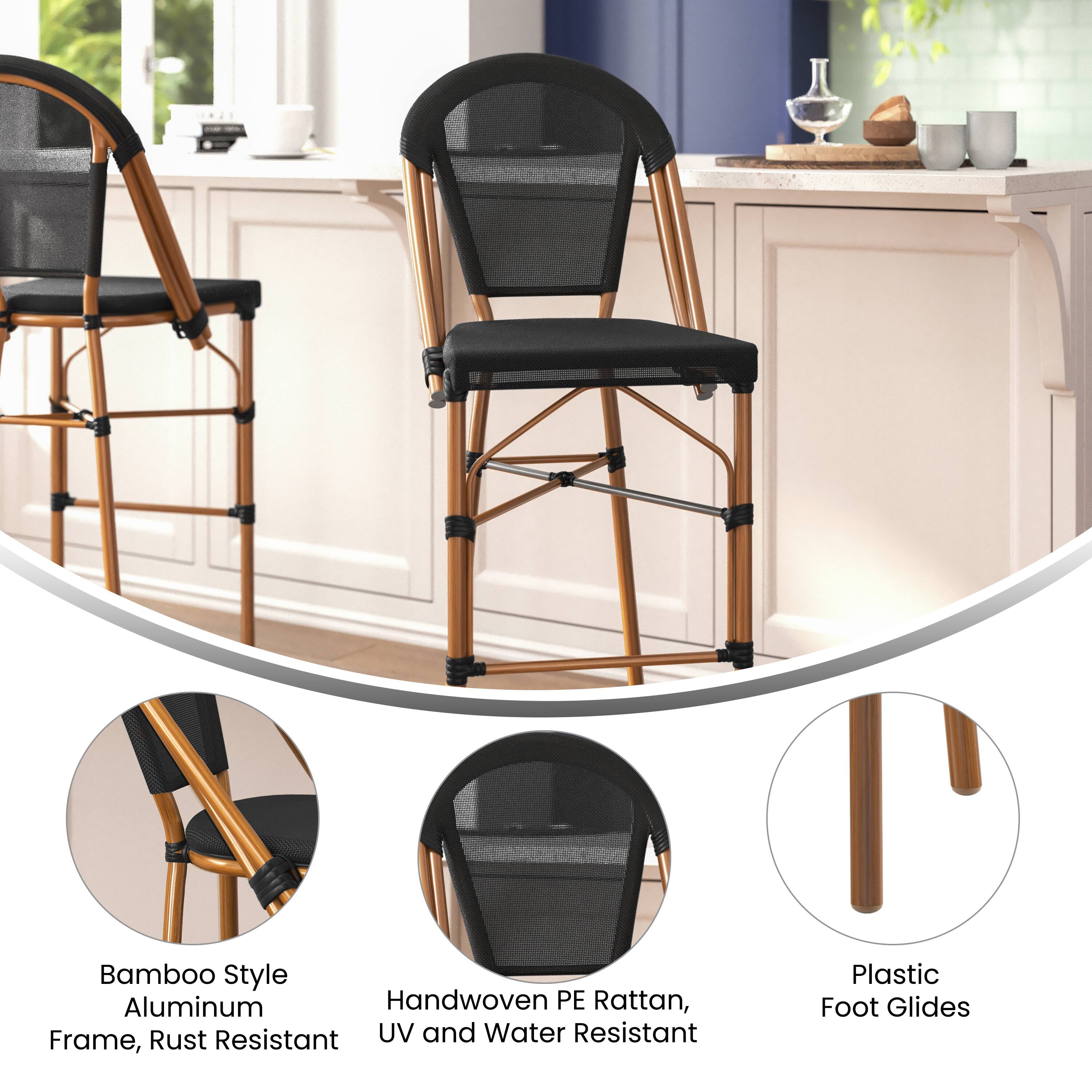 Bamboo Style Aluminum Handwoven PE Rattan, Frame, Rust Resistant UV and Water Resistant Plastic Foot Glides