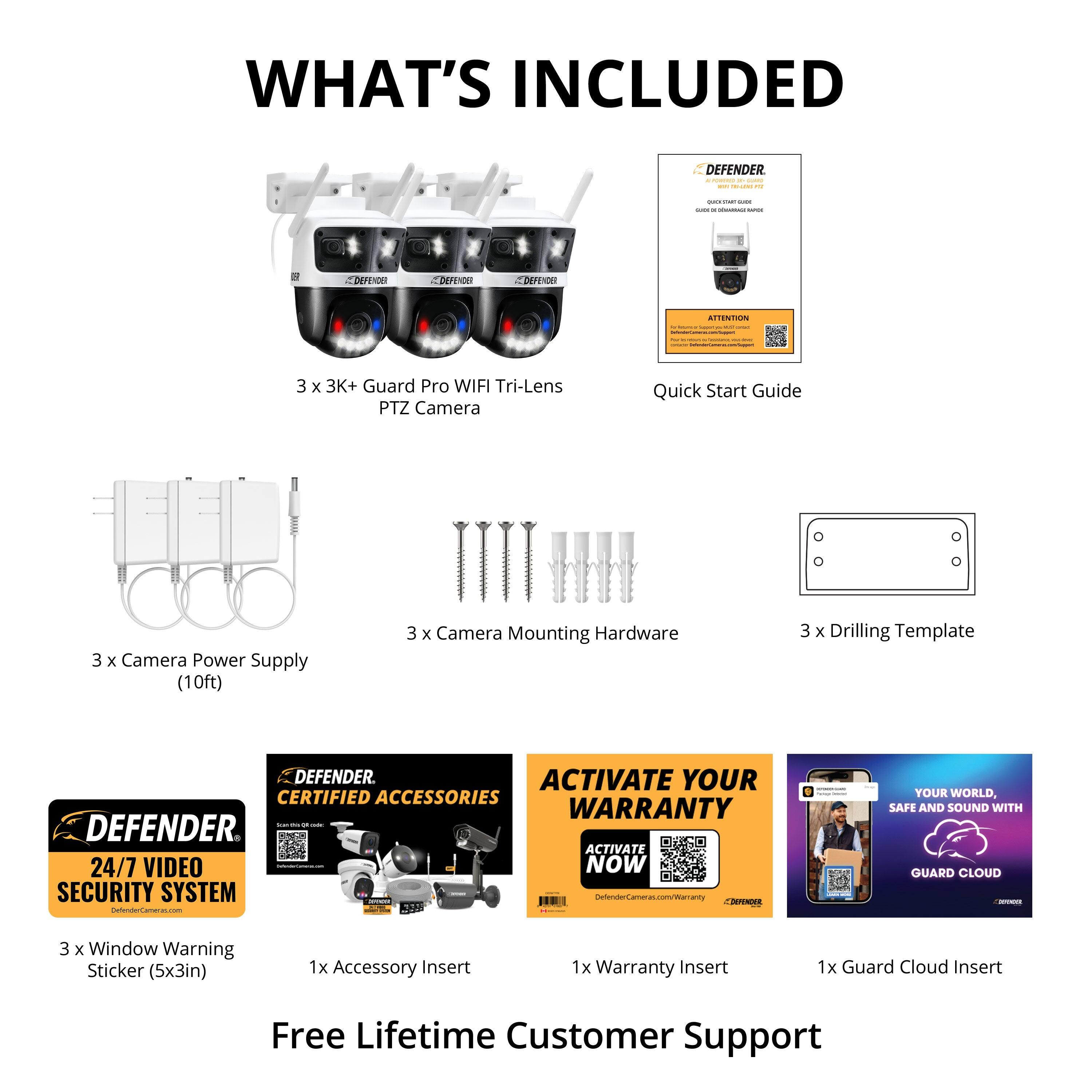 **WHAT'S INCLUDED**

- 3 x 3K+ Guard Pro WIFI Tri-Lens PTZ Camera
- 3 x Camera Power Supply (10ft)
- 3 x Camera Mounting Hardware
- 3 x Drilling Template
- Quick Start Guide
- 3 x Window Warning Sticker (5x3in)
- 1 x Accessory Insert
- 1 x Warranty Insert
- 1 x Guard Cloud Insert
- Free Lifetime Customer Support

**DEFENDER**
- 24/7 VIDEO SECURITY SYSTEM

**ACTIVATE YOUR CERTIFIED ACCESSORIES WARRANTY**
- DEFENDER.ACTIVATE

**YOUR WORLD, SAFE AND SOUND WITH GUARD CLOUD**