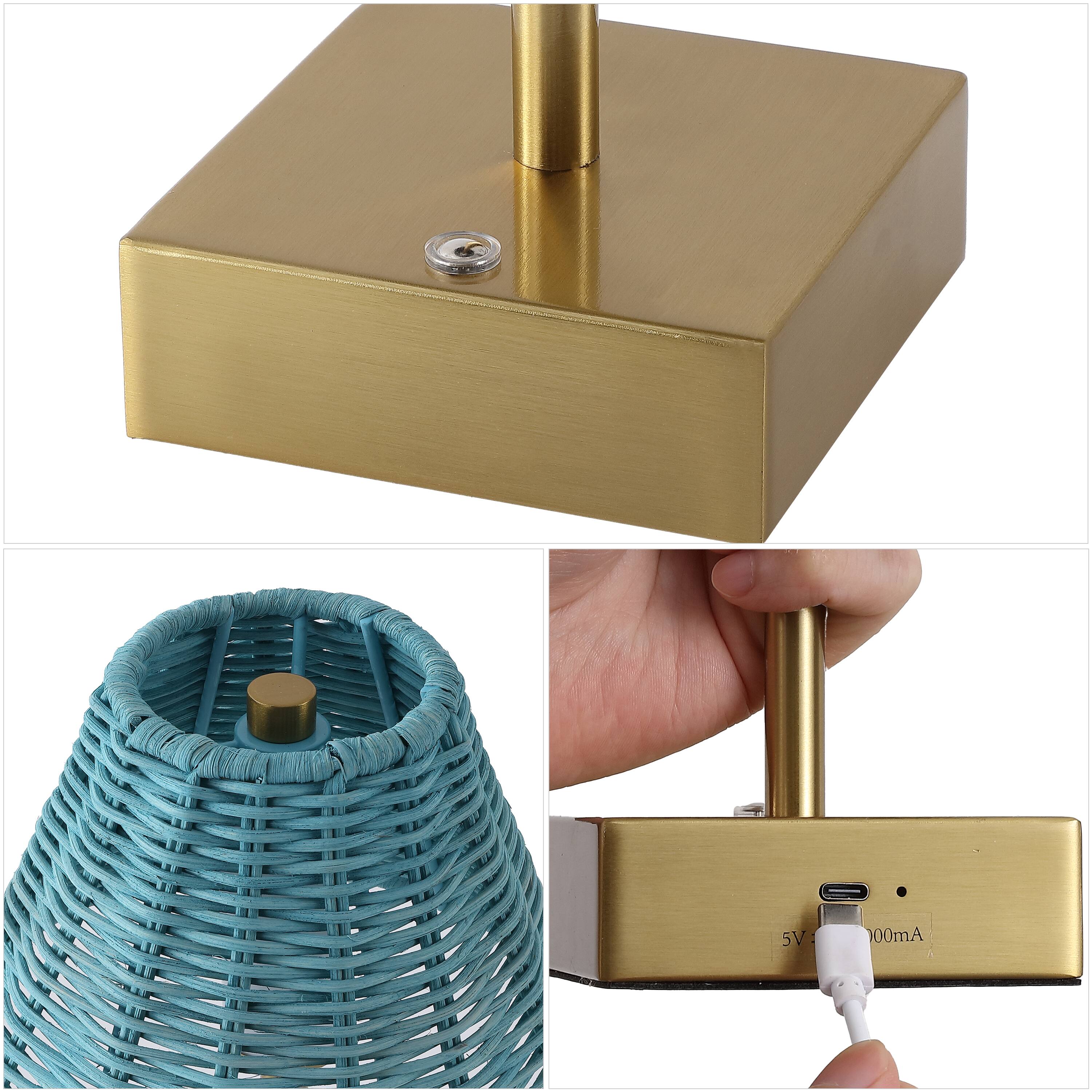 Alt View 4. Jonathan Y - Chester 11.25" Rechargeable Table Lamp Set of 2, Bohemian Brass Gold with Blue Rattan Shade, Touch Dimmable for Bedroom - Brass Gold.