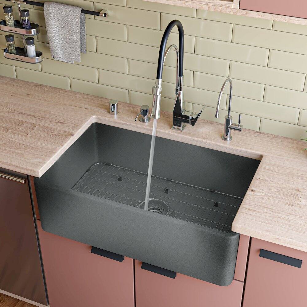 Back. Alfi - Concrete Color 33 inch Reversible Single Fireclay Farmhouse Kitchen Sink - Concrete.