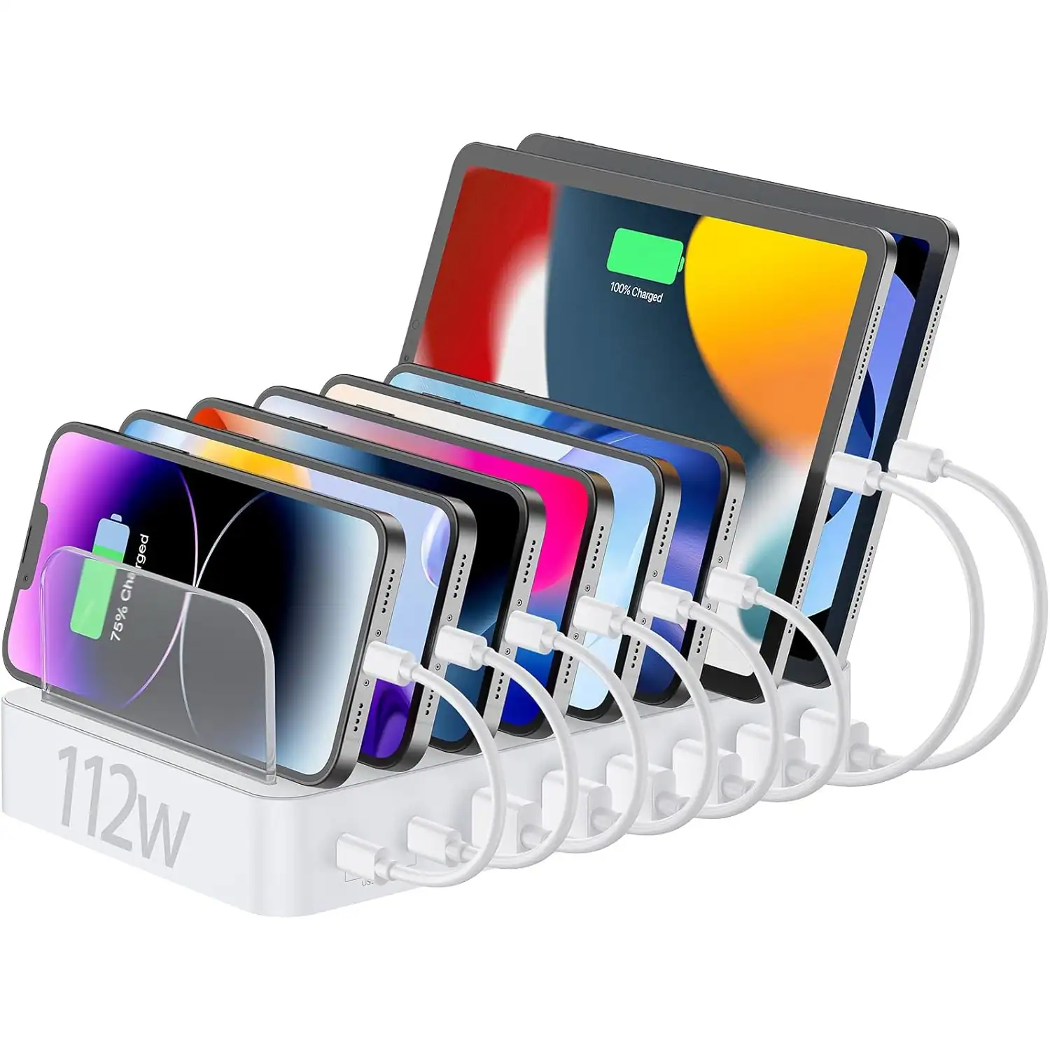 MOSZAR LLC - 8-Port USB-C Charging Station with 2×20W PD for Multiple Devices - White