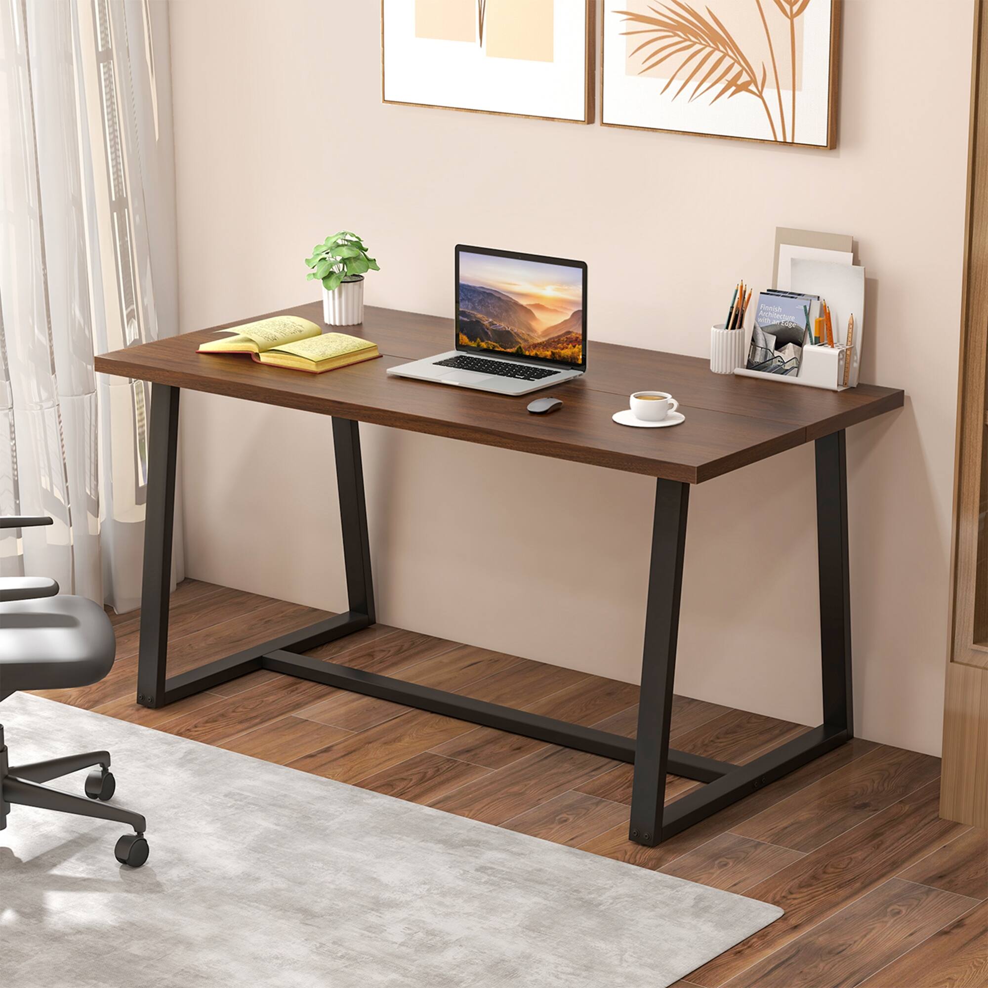 Furniture and office supplies are arranged on a desk.