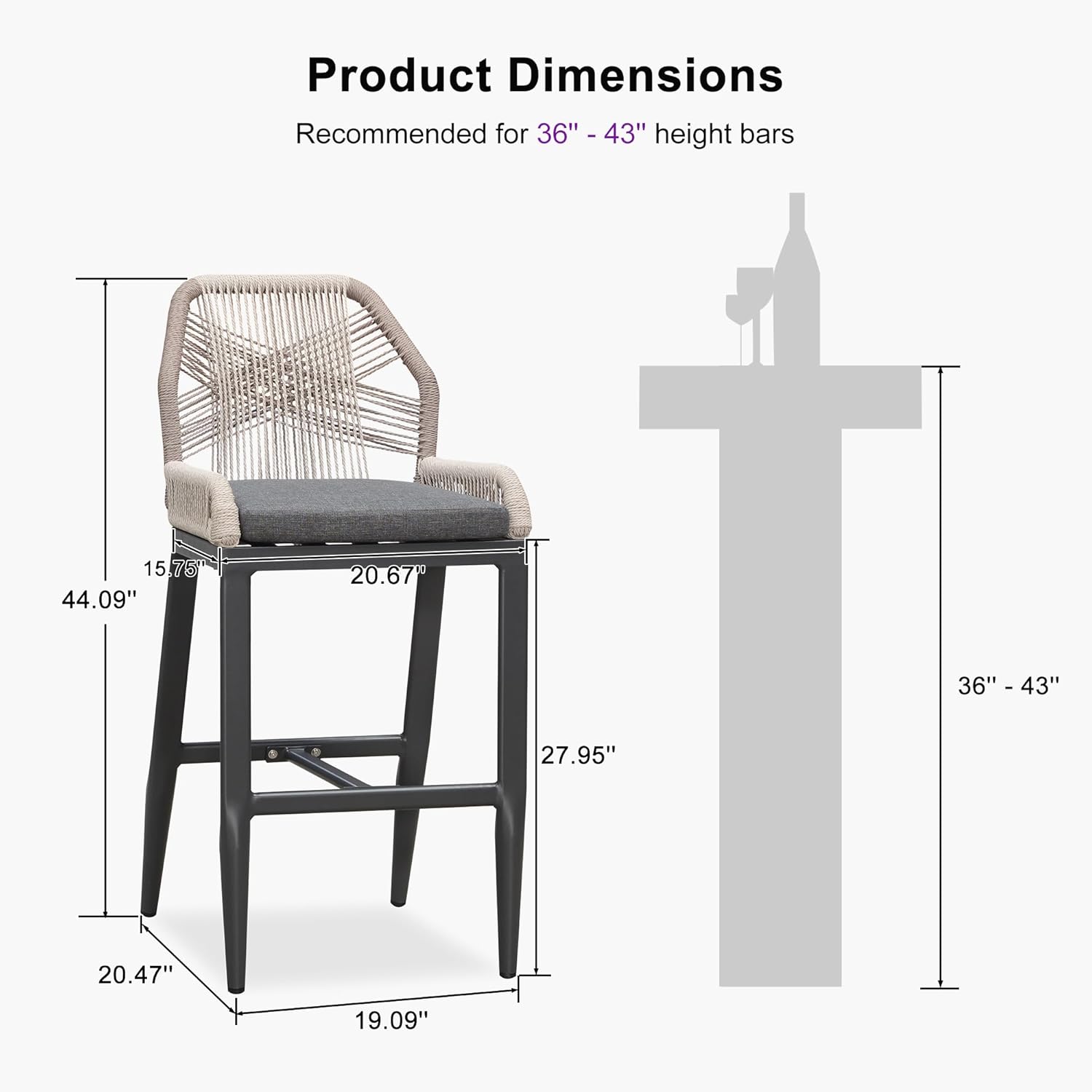 Product Dimensions  
Recommended for 36" - 43" height bars  

- 44.09"  
- 20.67"  
- 27.95"  
- 20.47"  
- 19.09"