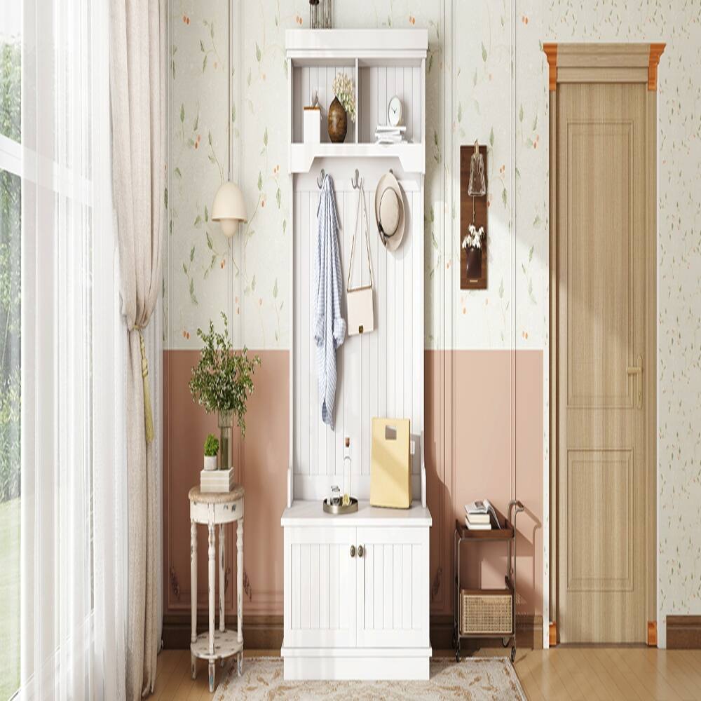 Alt View 10. Loheer - Loheer White Hall Tree with Shoe Bench, Multifunctional Entryway Coat Rack with Storage Cabinet - White.