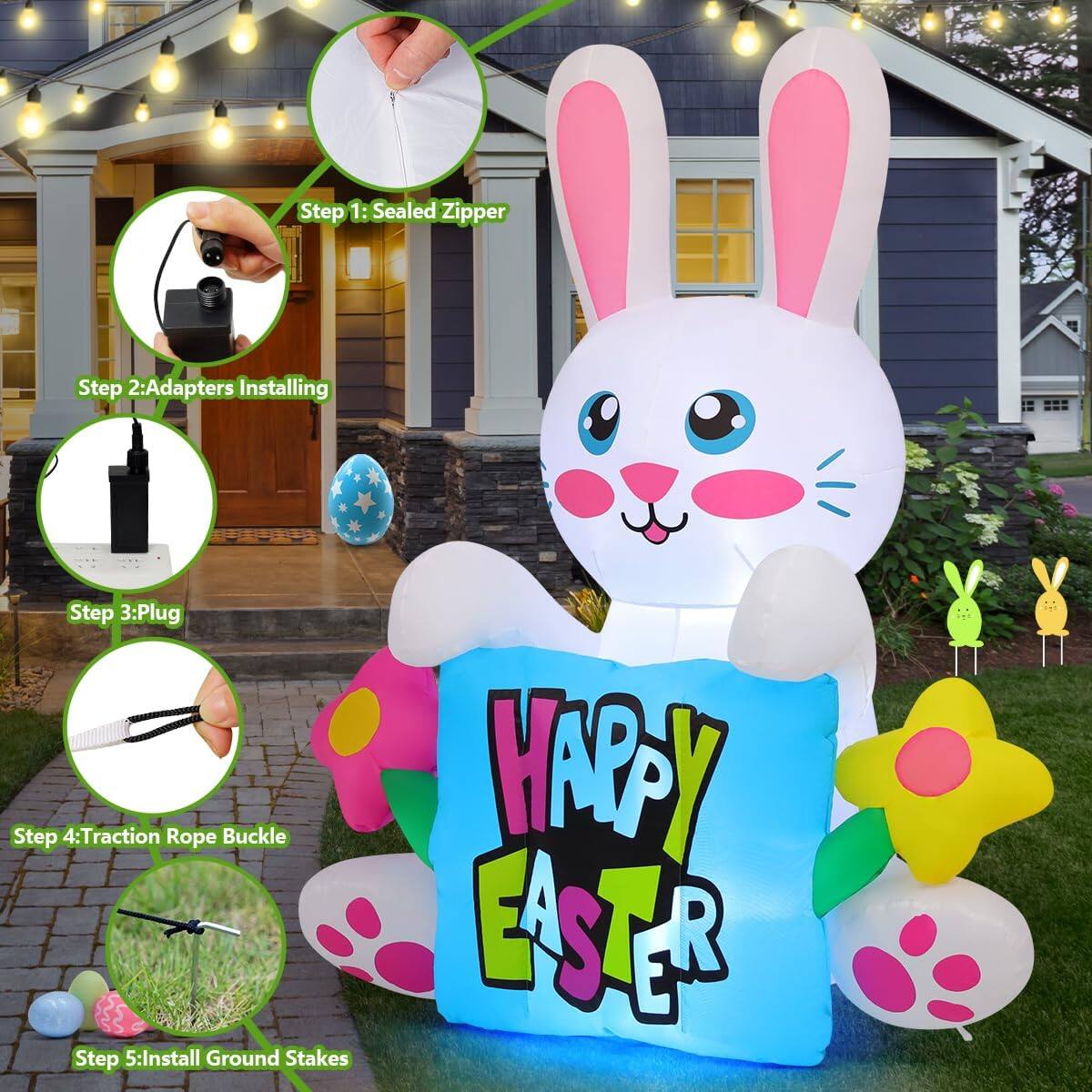 Step 1: Sealed Zipper  
Step 2: Adapters Installing  
Step 3: Plug  
Step 4: Traction Rope Buckle  
Step 5: Install Ground Stakes  

HMPPY EASTER