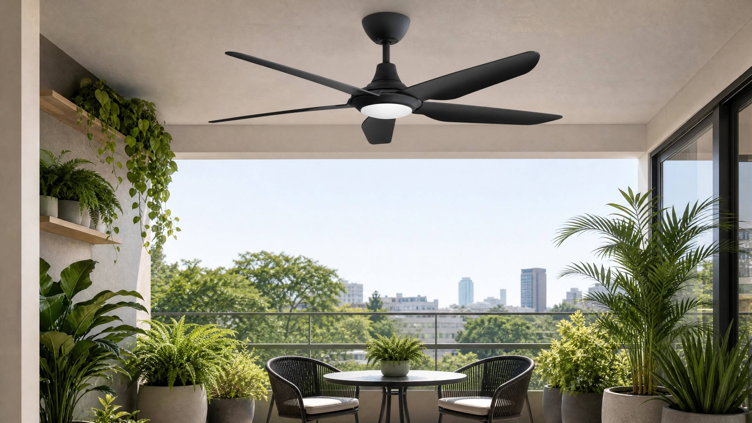 Left. ENLIGHT - 52" Smart Ceiling Fan, IP66 Outdoor/Coastal, CCT & Dimmable LED, Durable, Efficient & Quiet DC Motor, Matter, 5 Blades - Matte Black.