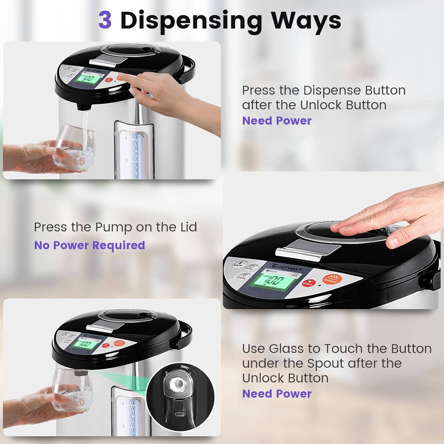 3 Dispensing Ways

Press the Dispense Button after the Unlock Button  
Need Power

Press the Pump on the Lid  
No Power Required

Use Glass to Touch the Button under the Spout after the Unlock Button  
Need Power