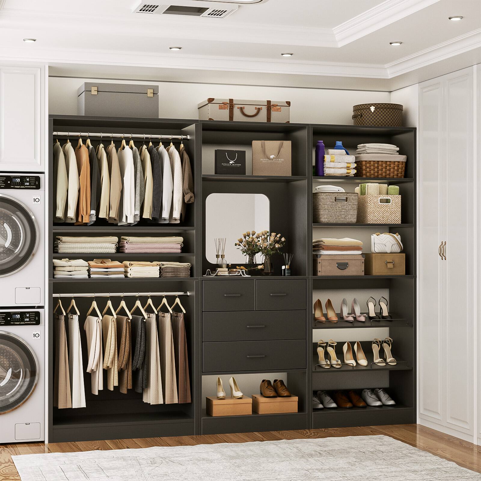 Alt View 4. Aheaplus - Large Walk-in Closet System Set of 3, 86'' Wide Closet Storage System with Drawers, Hanging Rods and Shoe Racks - Black.