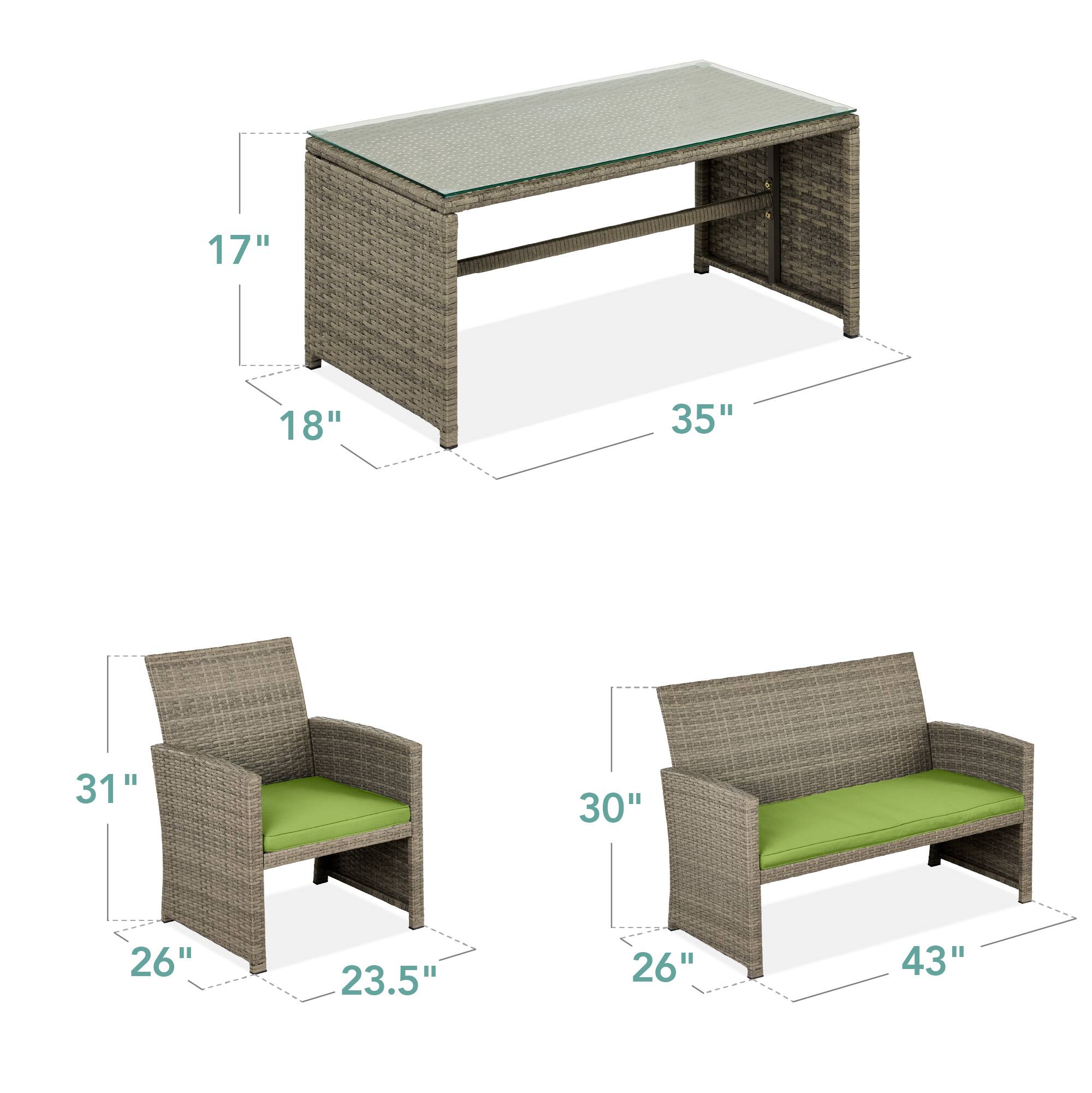 - Table: 17" x 18" x 35"
- Armchair: 31" x 26" x 23.5"
- Sofa: 30" x 26" x 43"