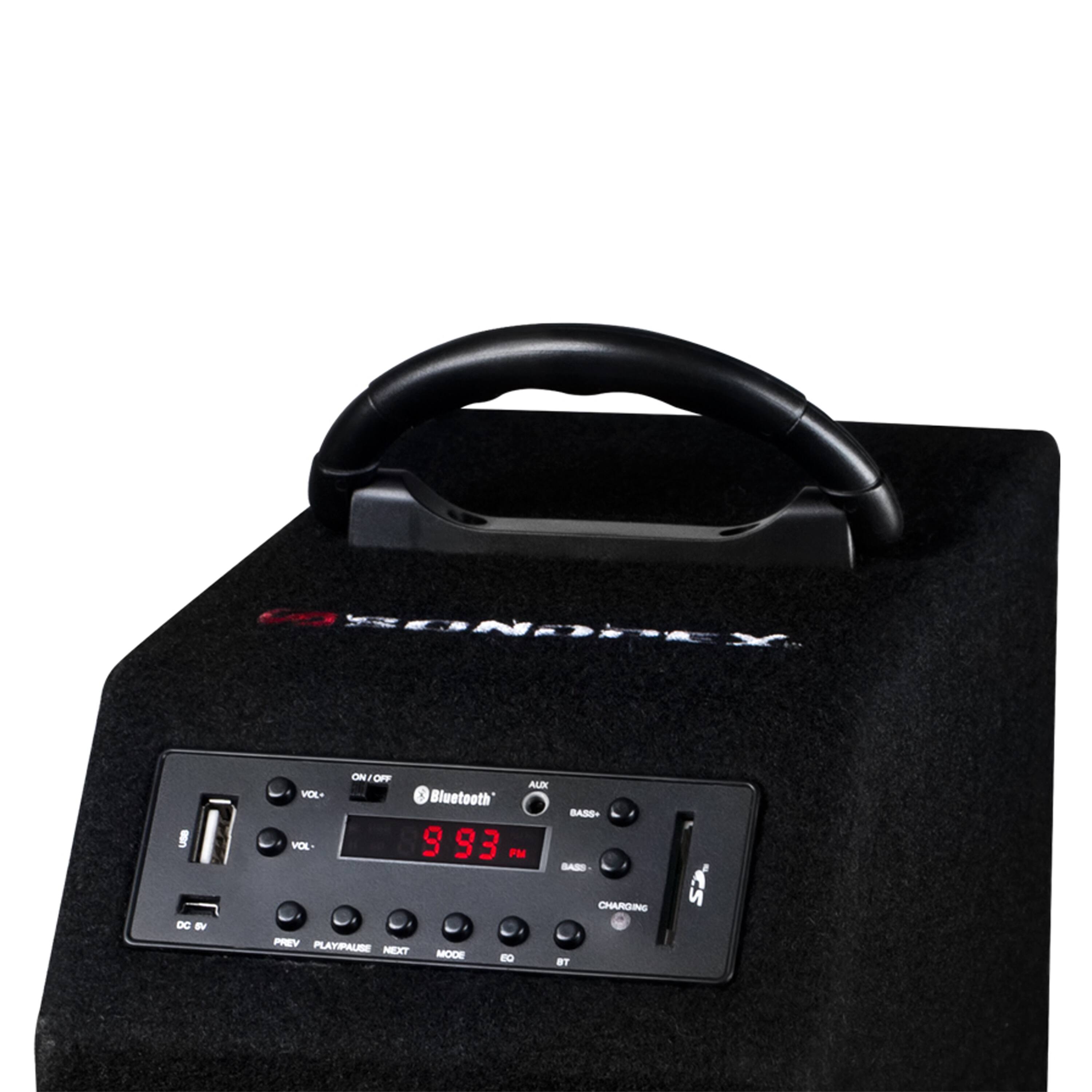 Sure, here is the corrected and grouped text from the image:

- SONDDEY
- VOL-
- VOL+
- ON/OFF
- AUX
- Bluetooth
- BASS+
- BASS-
- FM
- DC 5V
- PREV
- PLAY/PAUSE
- NEXT
- MODE
- 80
- CHARGING