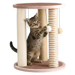 PetMaker - Cat Scratching Post with 3 Carpeted Scratcher Posts, Perch and Play Area, Scratching Deterrent Large Durable Cat Tower - Natural Brown, Tan, and Cream.