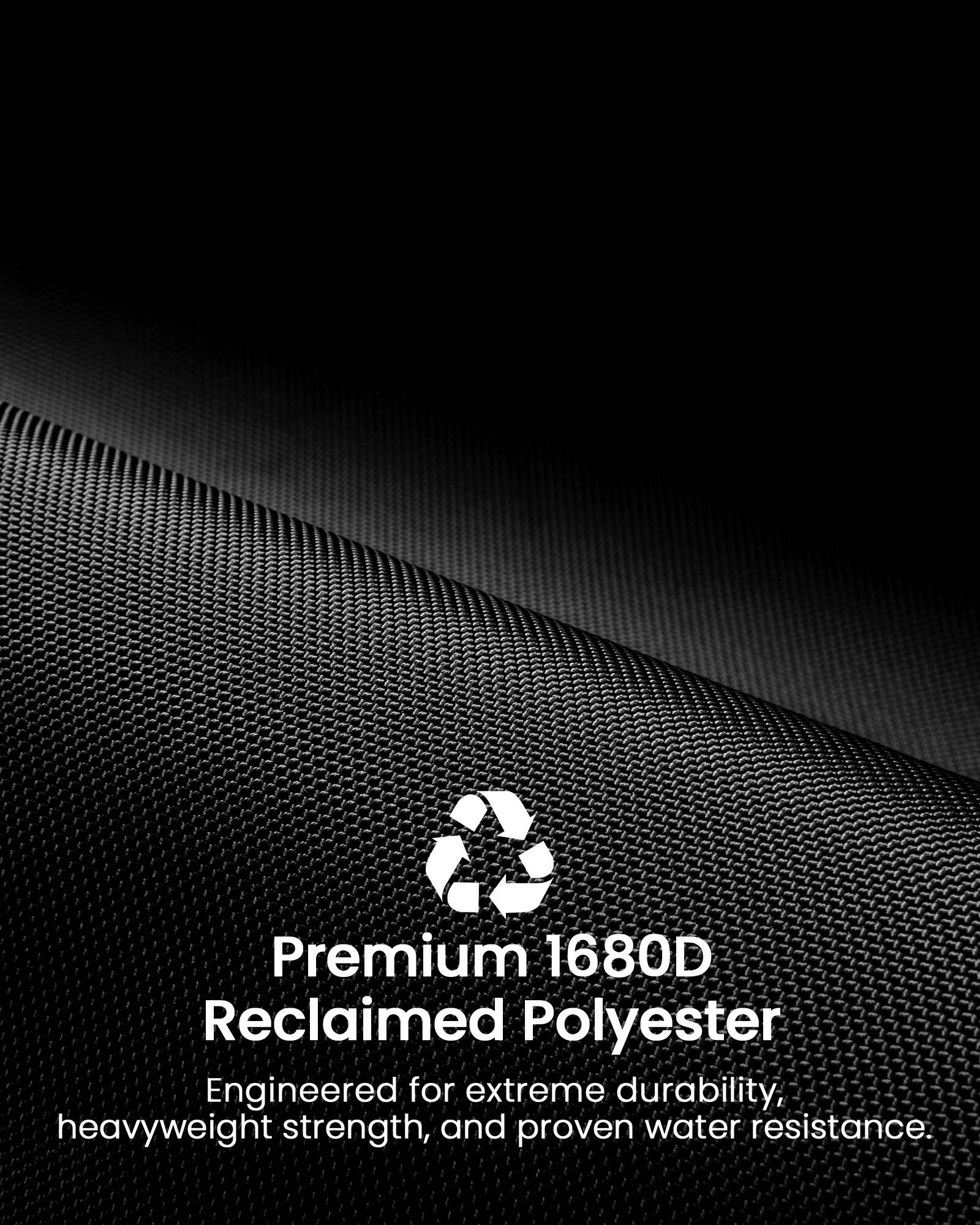 Premium 1680D Reclaimed Polyester  
Engineered for extreme durability, heavyweight strength, and proven water resistance.