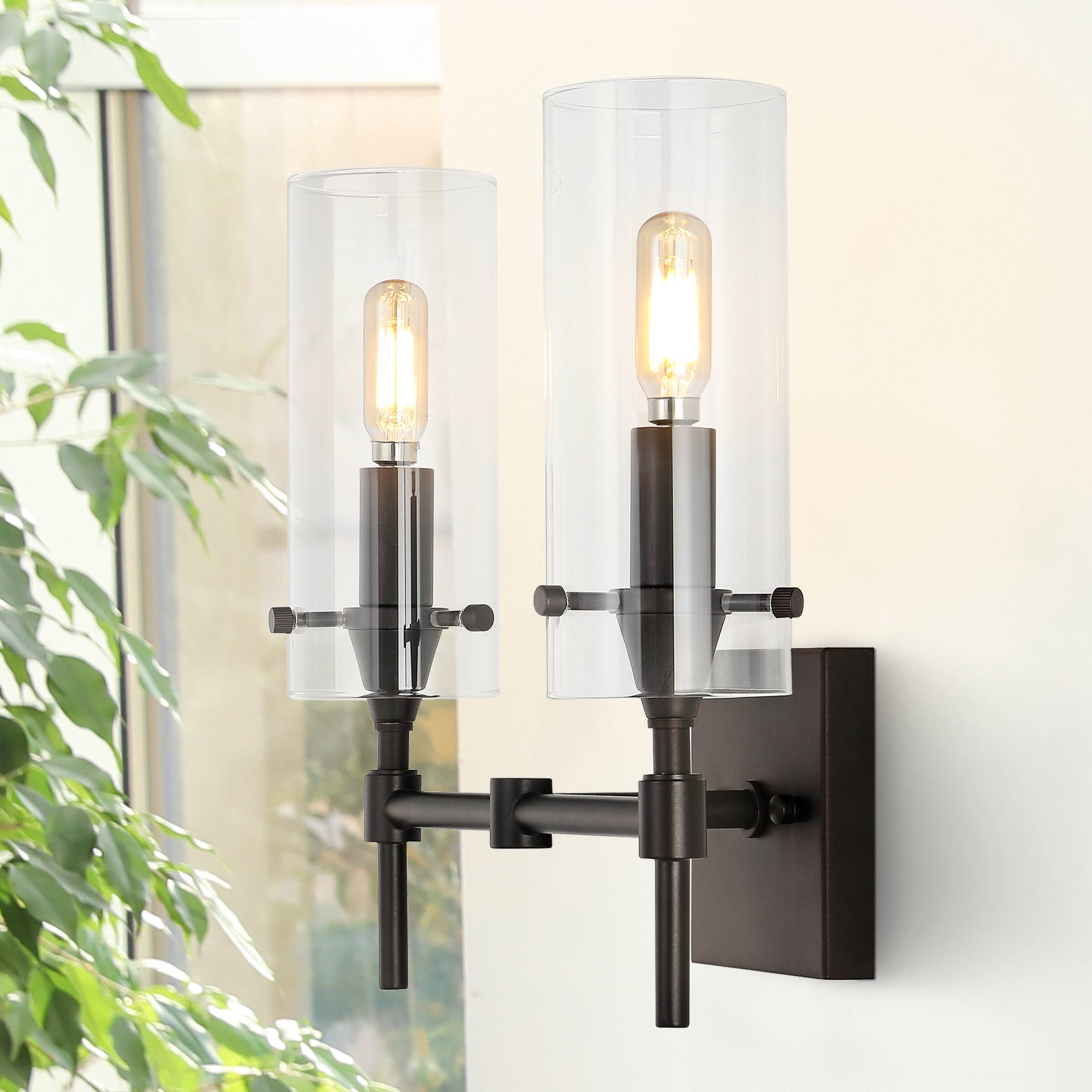 Alt View 1. Jonathan Y - Cato 13.5" 2-Light Bohemian Farmhouse Iron/Glass LED Vanity, Oil Rubbed Bronze/Clear - Oil Rubbed Bronze.