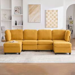 Resenkos - U-Shaped 6-Seat Sectional, Configurable Modular Design with Chaise and Storage Ottoman, Mustard Yellow - Yellow
