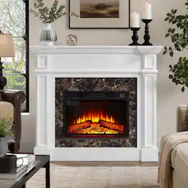 RYHNUYNE - Electric Fireplace with Mantel, Freestanding Heater with Realistic Stacked Stone Finish, Remote Control - White