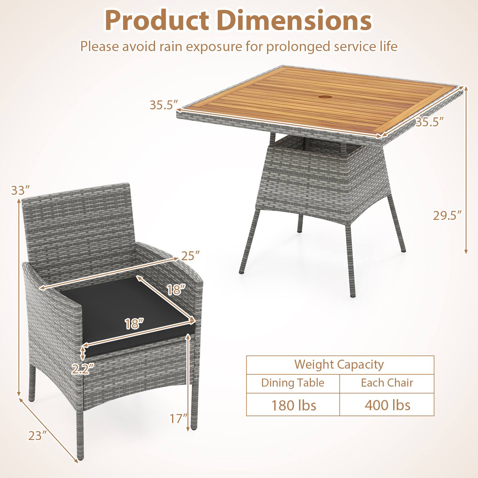 Product Dimensions:
- 35.5" x 35.5" x 33"
- 29.5" x 25" x 18"
- 23" x 2.2" x 17"

Weight Capacity:
- Dining Table: 180 lbs
- Each Chair: 400 lbs