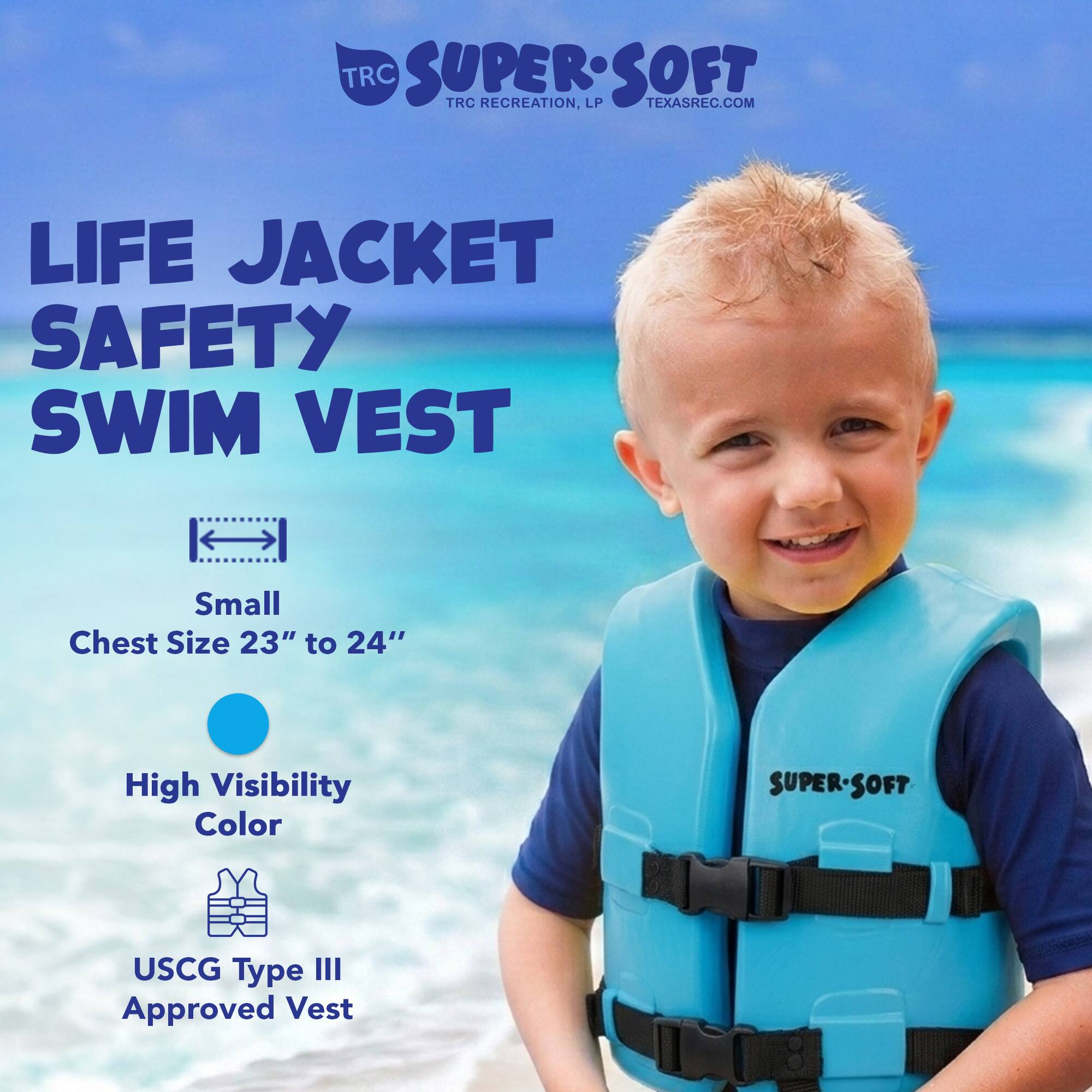 TRC SUPERSOFT TRC RECREATION, LP TEXASREC.COM LIFE JACKET SAFETY SWIM VEST  
Small Chest Size 23" to 24"  
High Visibility Color  
SUPER-SOFT USCG Type III Approved Vest