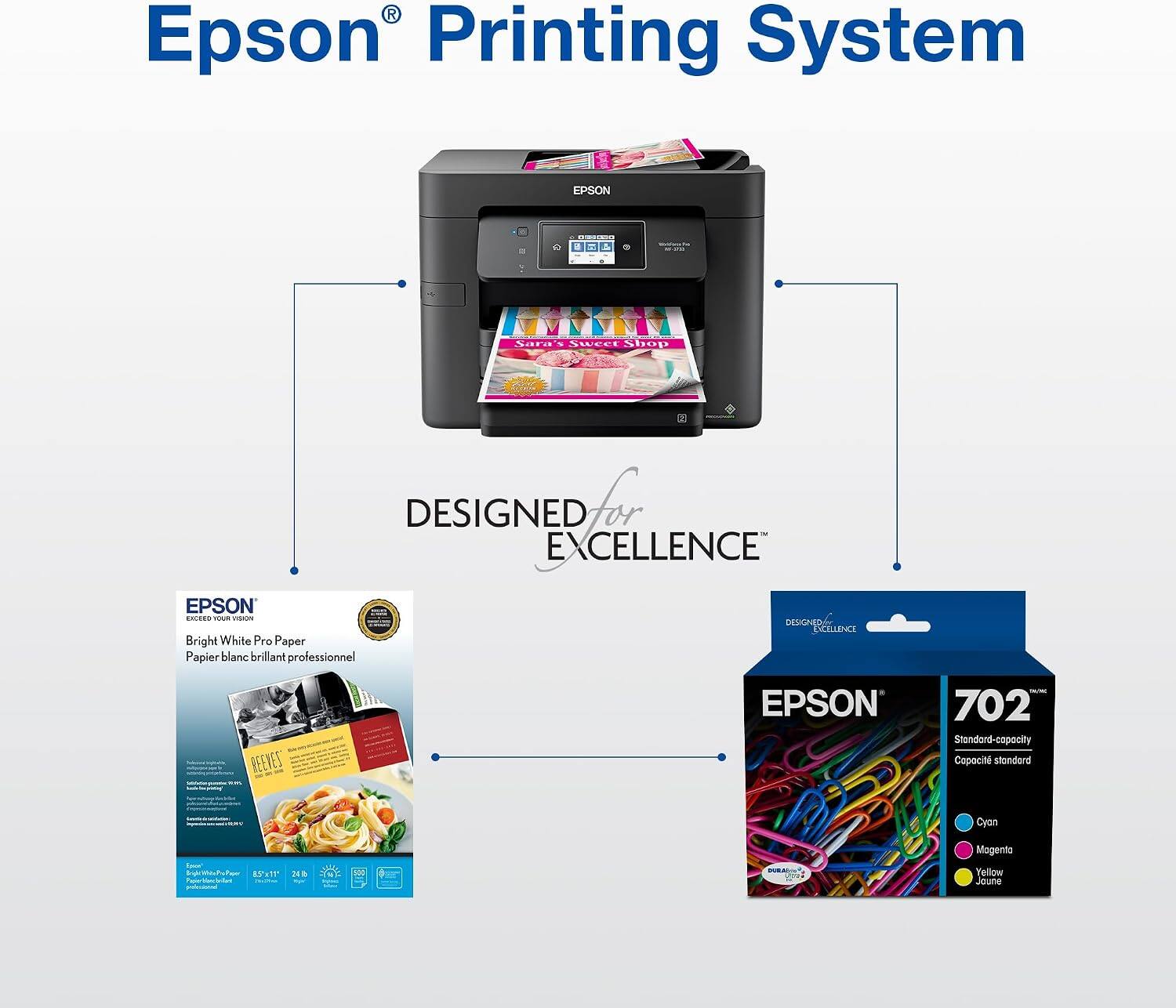 Epson Printing System

EPSON - JEMKINIO Sara AAUCO Shop 2

DESIGNED for EXCELLENCE

EPSON EALEED OLE VISAUN Bright White Pro Paper Papier blanc brillant professionnel

DESIGNED RCELLENCE REENES

EPSON 702 Standard-capacity Capacité standard

Cyan Magenta Yellow Jaune
